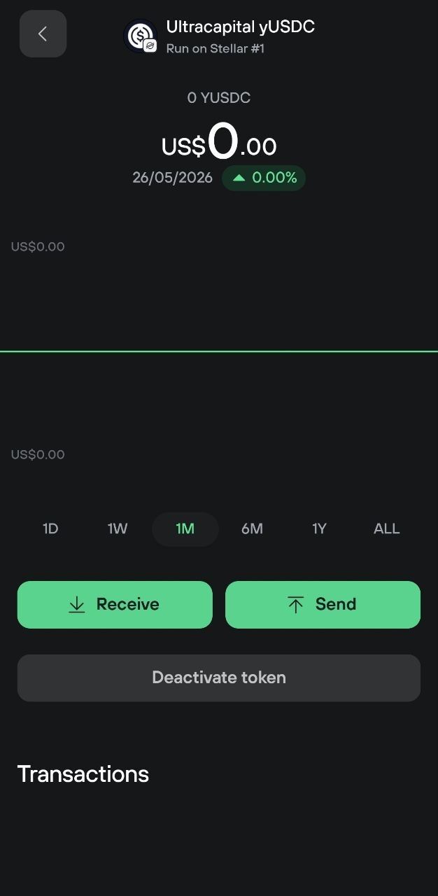 Trezor Suite token details screen showing Ultracapital yUSDC balance with receive, send, and deactivate options