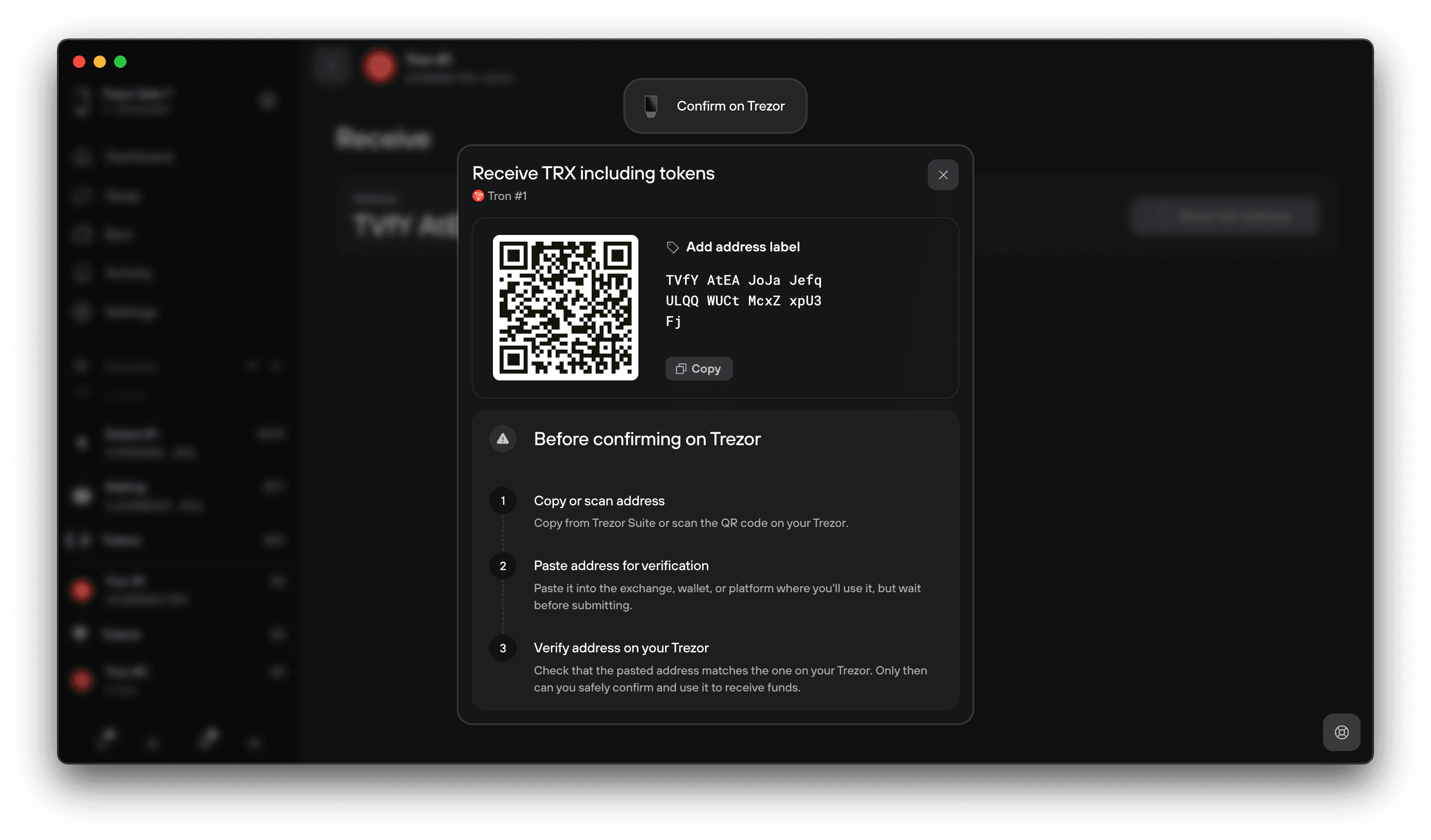 Receive dialog showing a Tron address QR code with steps to verify it on a Trezor device
