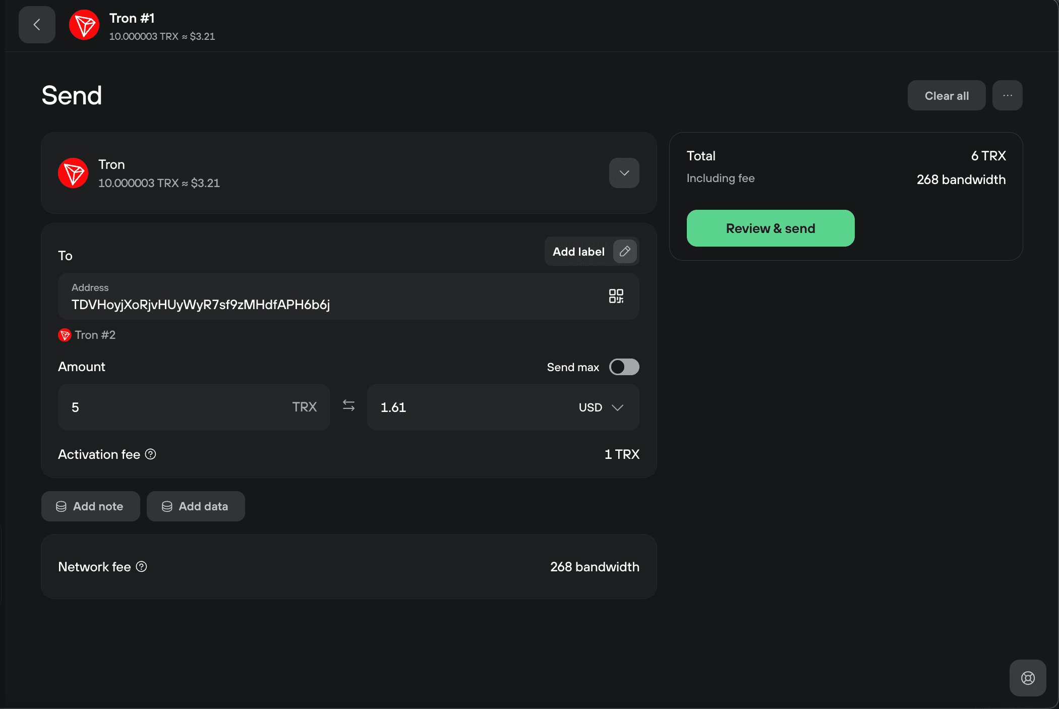 Trezor Suite send form for 5 TRX with recipient address, activation fee, and network bandwidth