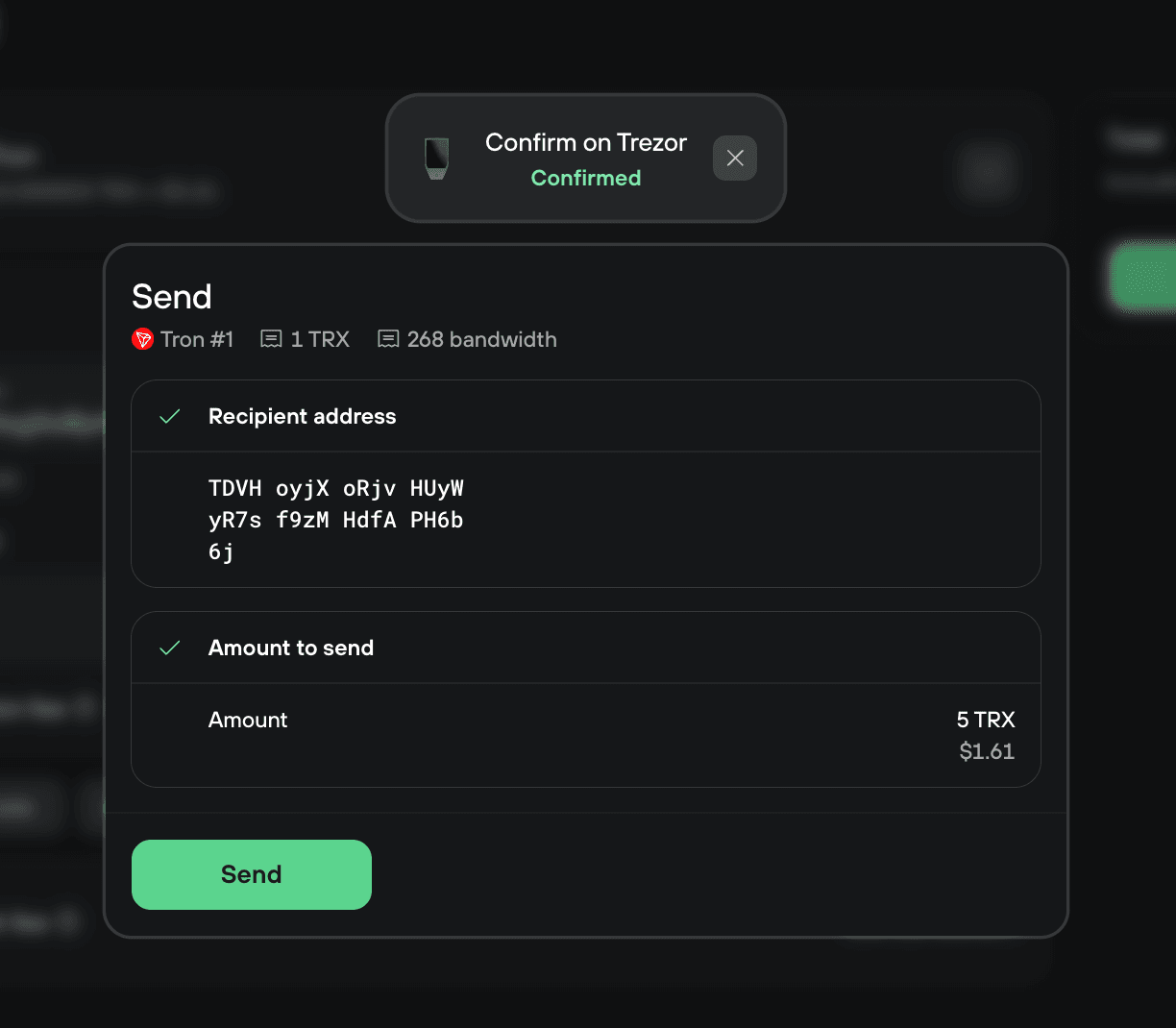 Send confirmation dialog showing a verified recipient address and 5 TRX amount