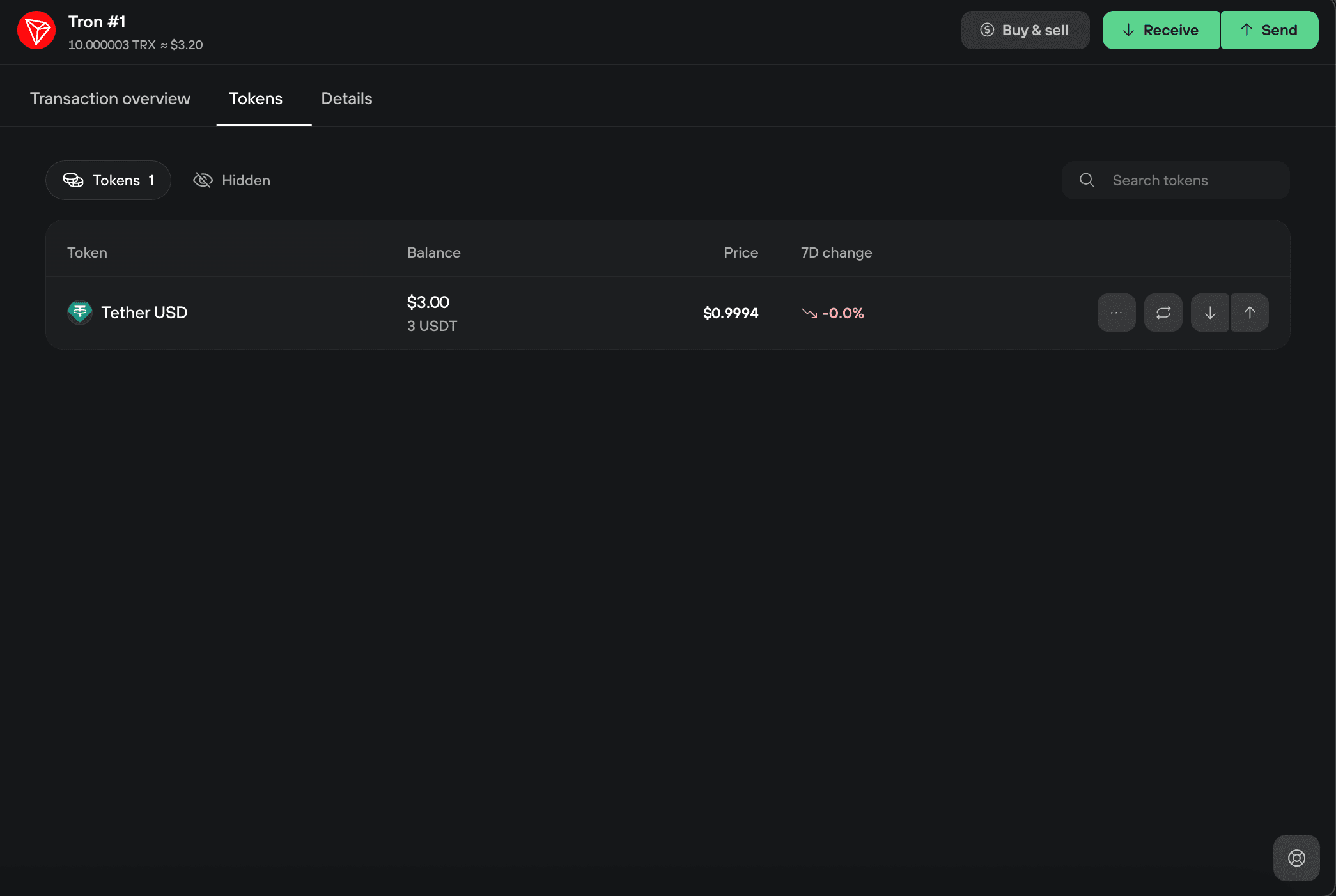 Tron account Tokens tab showing 3 USDT and action buttons to buy, receive, and send