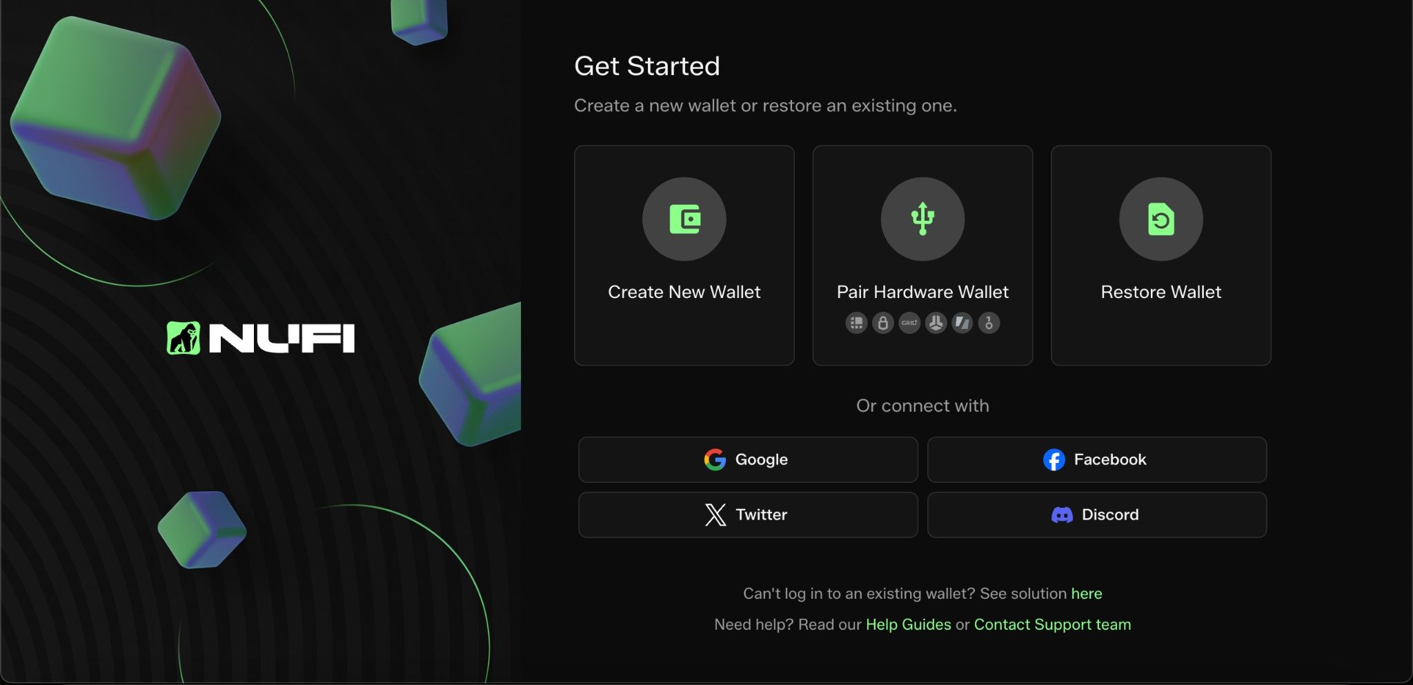 NuFi start screen with options to create, pair, or restore a wallet and sign in with social accounts