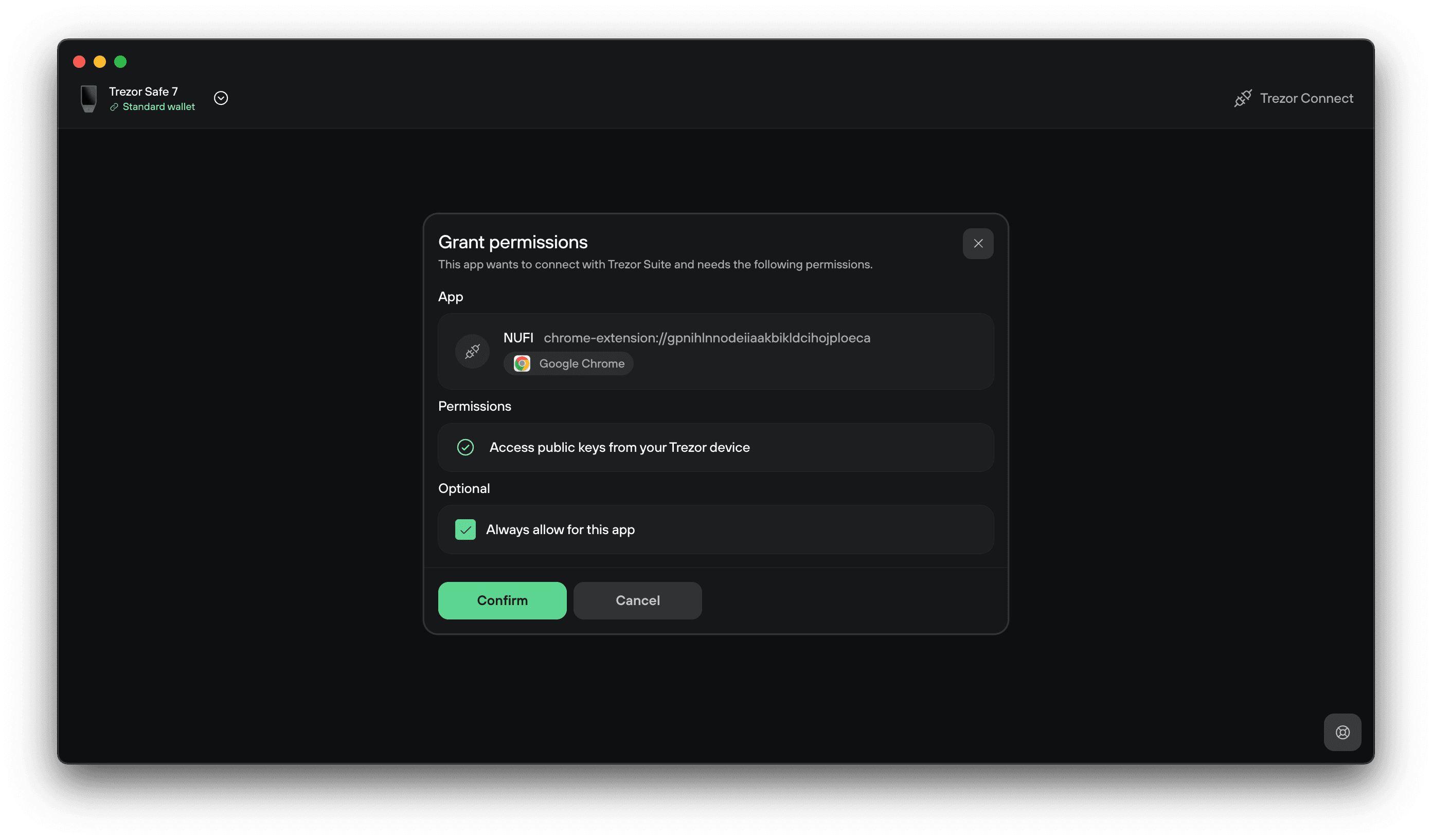 Trezor Connect permission dialog asking to share public keys with the NuFi browser extension