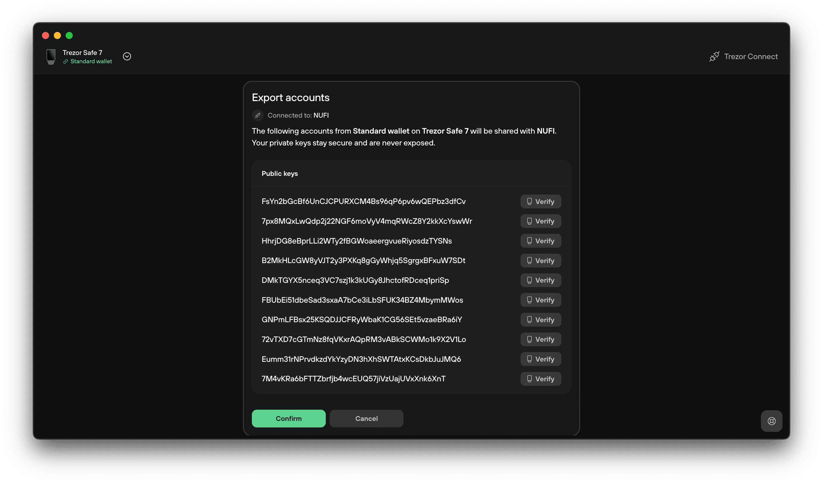Trezor Connect export accounts dialog listing public keys to share with NuFi