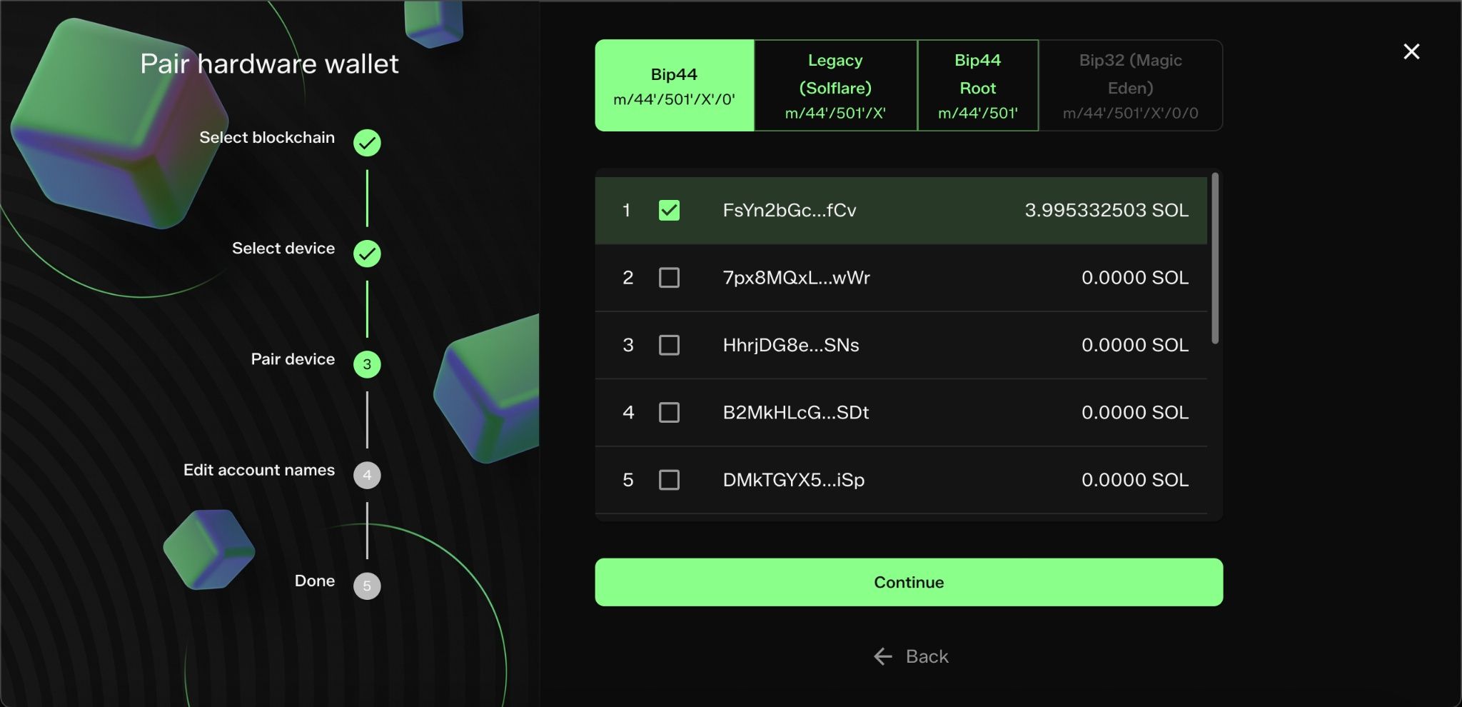 NuFi hardware wallet pairing screen showing Solana account paths and a selected account balance
