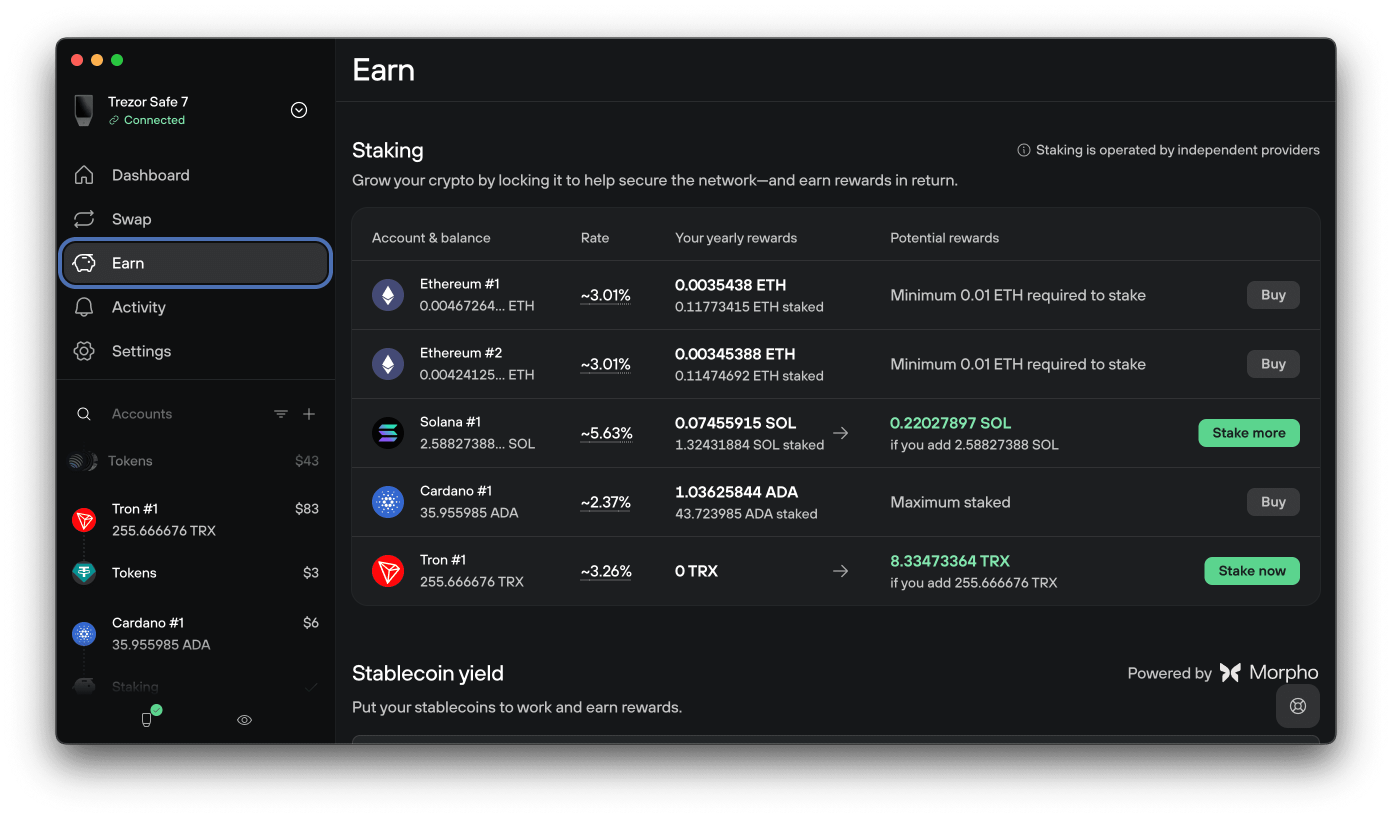 Trezor Suite Earn page lists Tron staking at 3.26% APR with a Stake now button