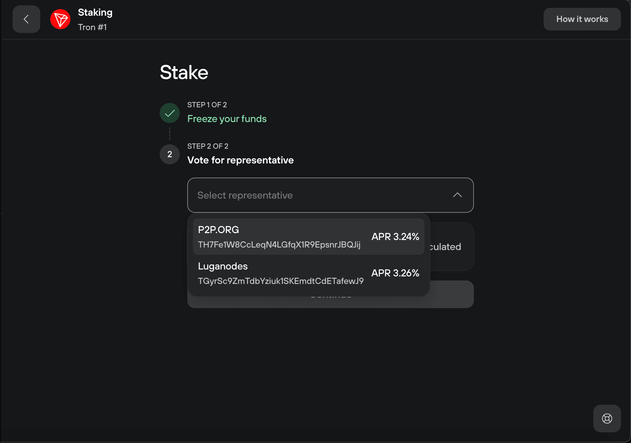 Trezor Suite representative menu compares P2P.ORG and Luganodes APR rates