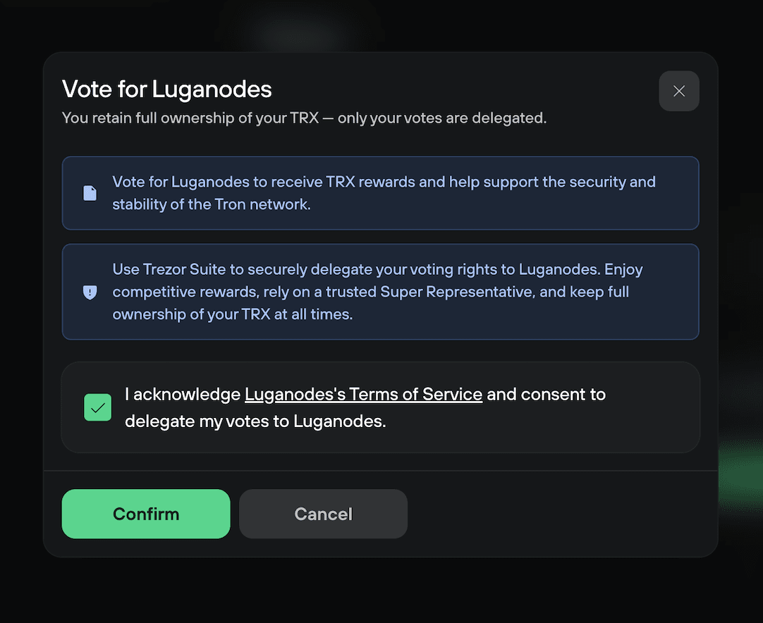 Luganodes voting consent dialog confirms delegated votes while retaining TRX ownership