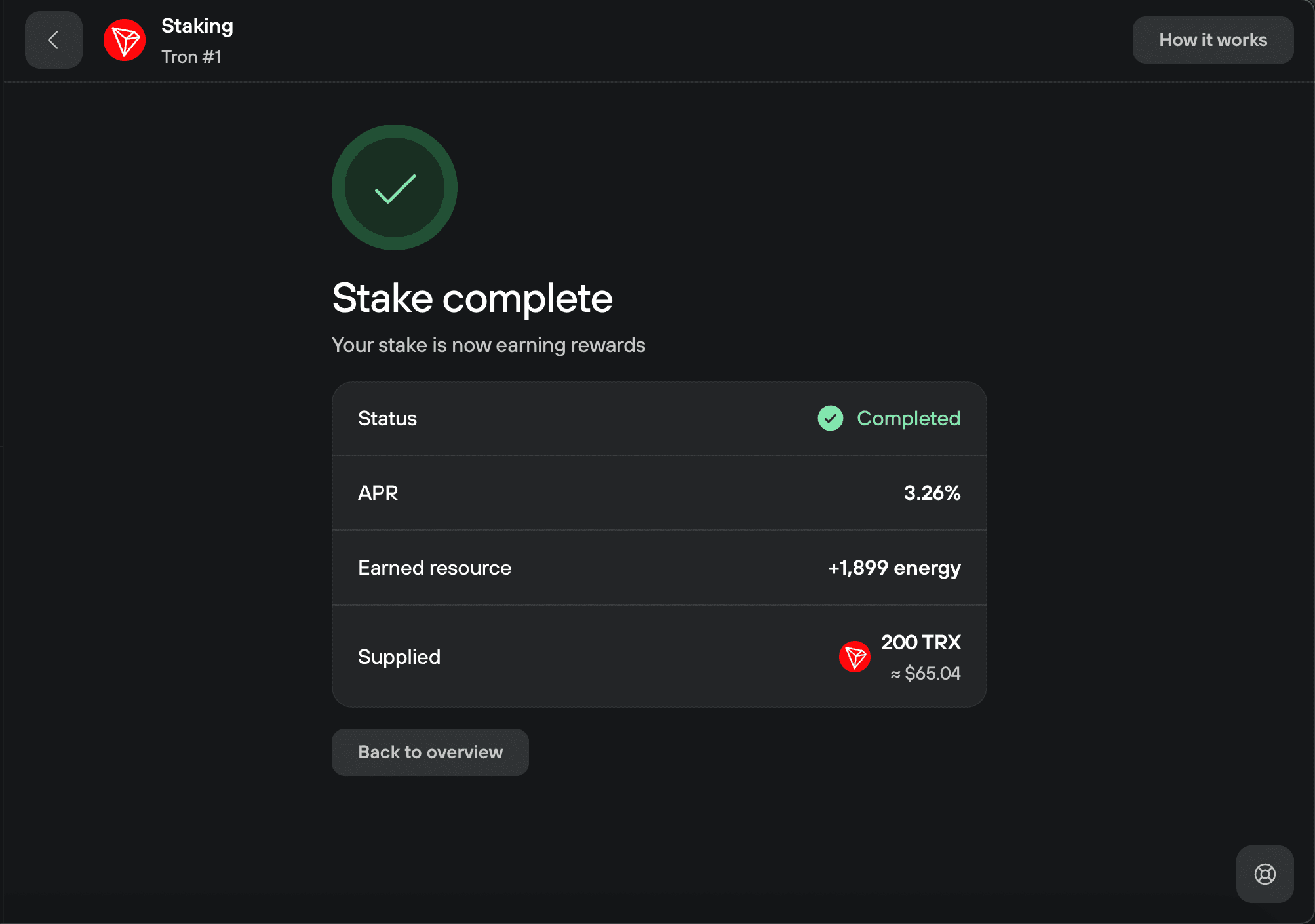 Trezor Suite confirms a 200 TRX stake earning 3.26% APR and 1,899 energy
