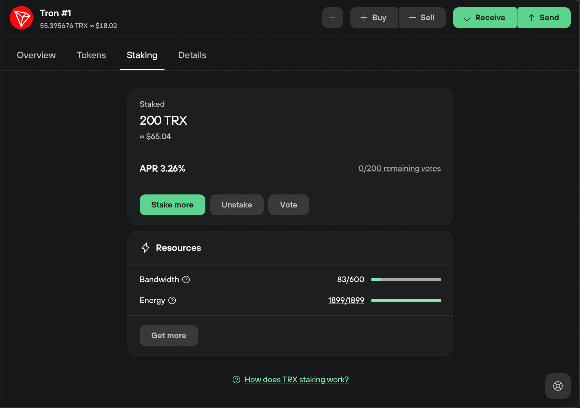 Trezor Suite staking overview shows 200 TRX staked, 3.26% APR, and full energy