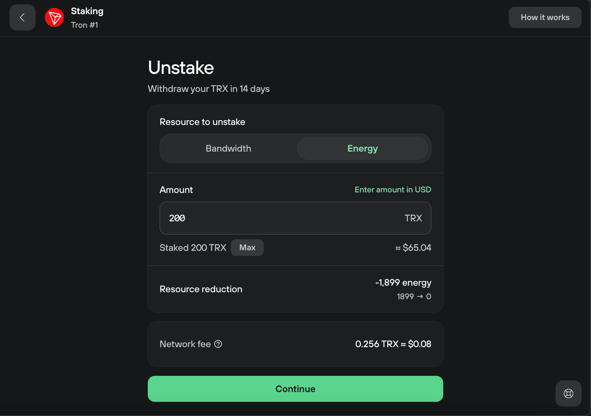 Trezor Suite unstake form withdraws 200 TRX energy stake with a 14-day wait