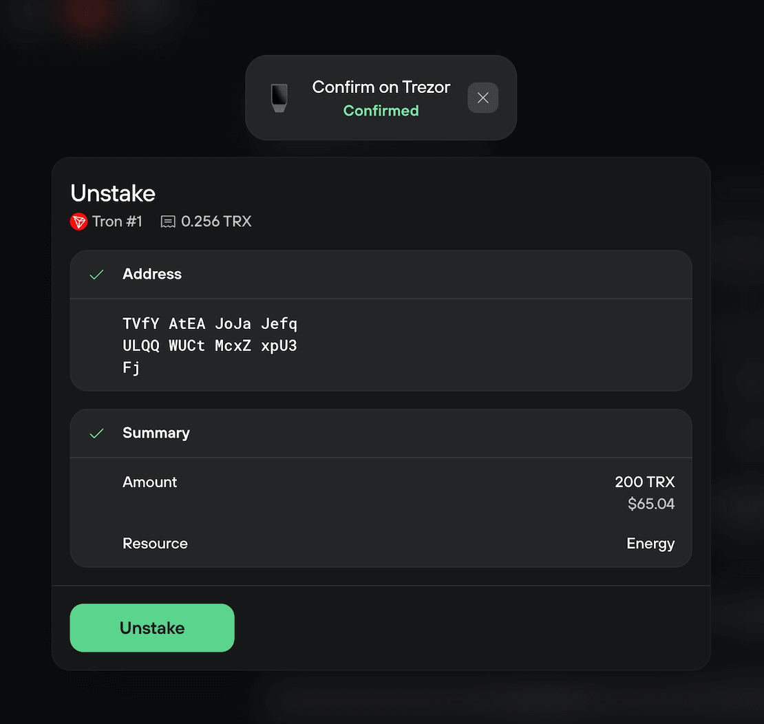 Trezor confirmation summarizes unstaking 200 TRX from energy