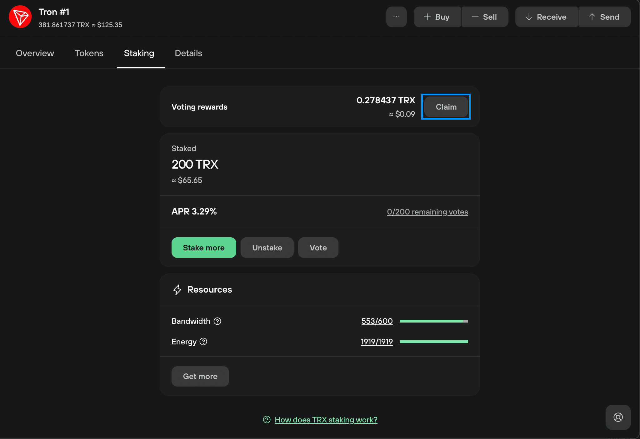 Tron staking shows 0.278437 TRX in voting rewards with the Claim button highlighted.