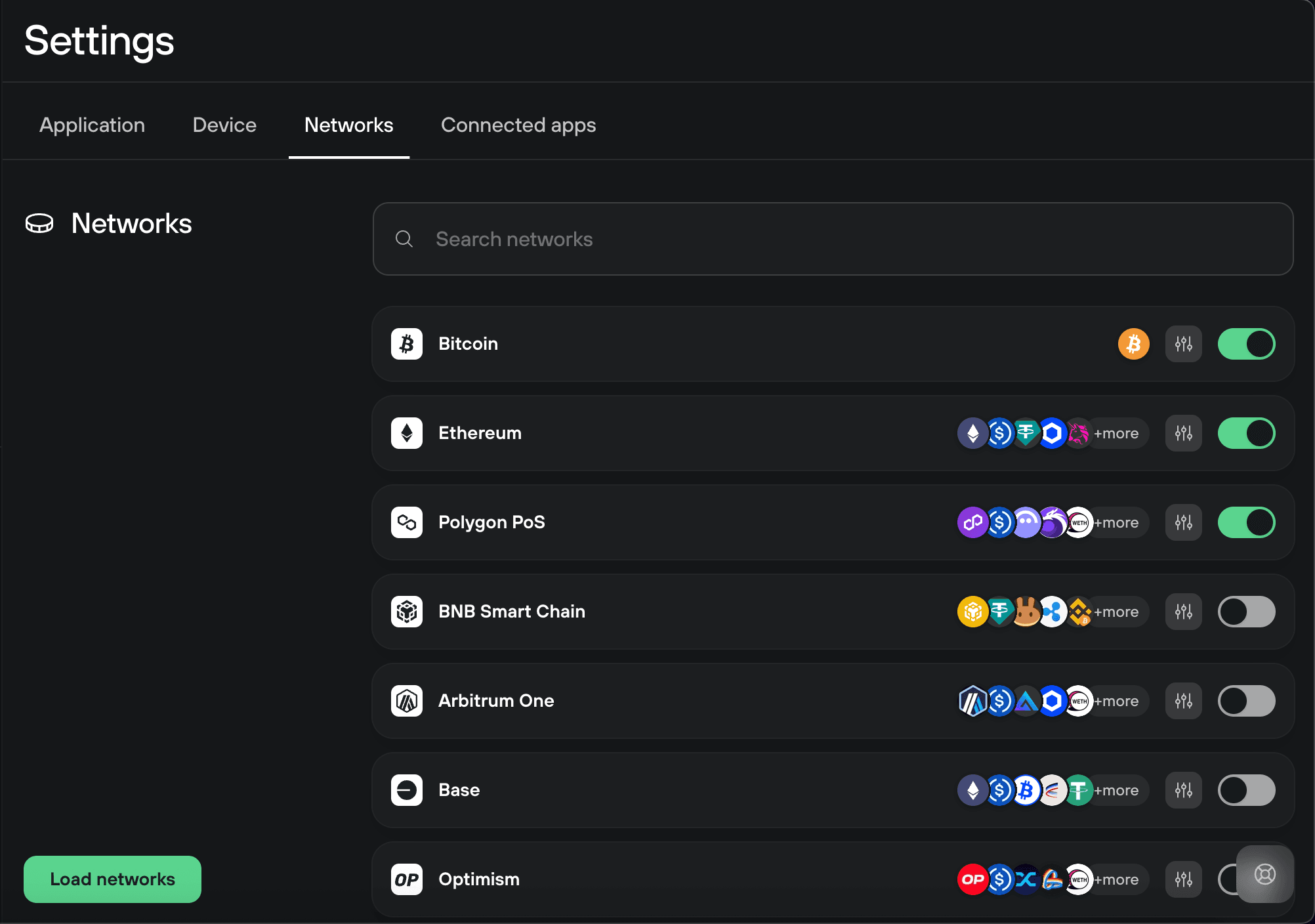 Trezor Suite network settings showing Bitcoin, Ethereum, and Polygon enabled, with additional networks available to load