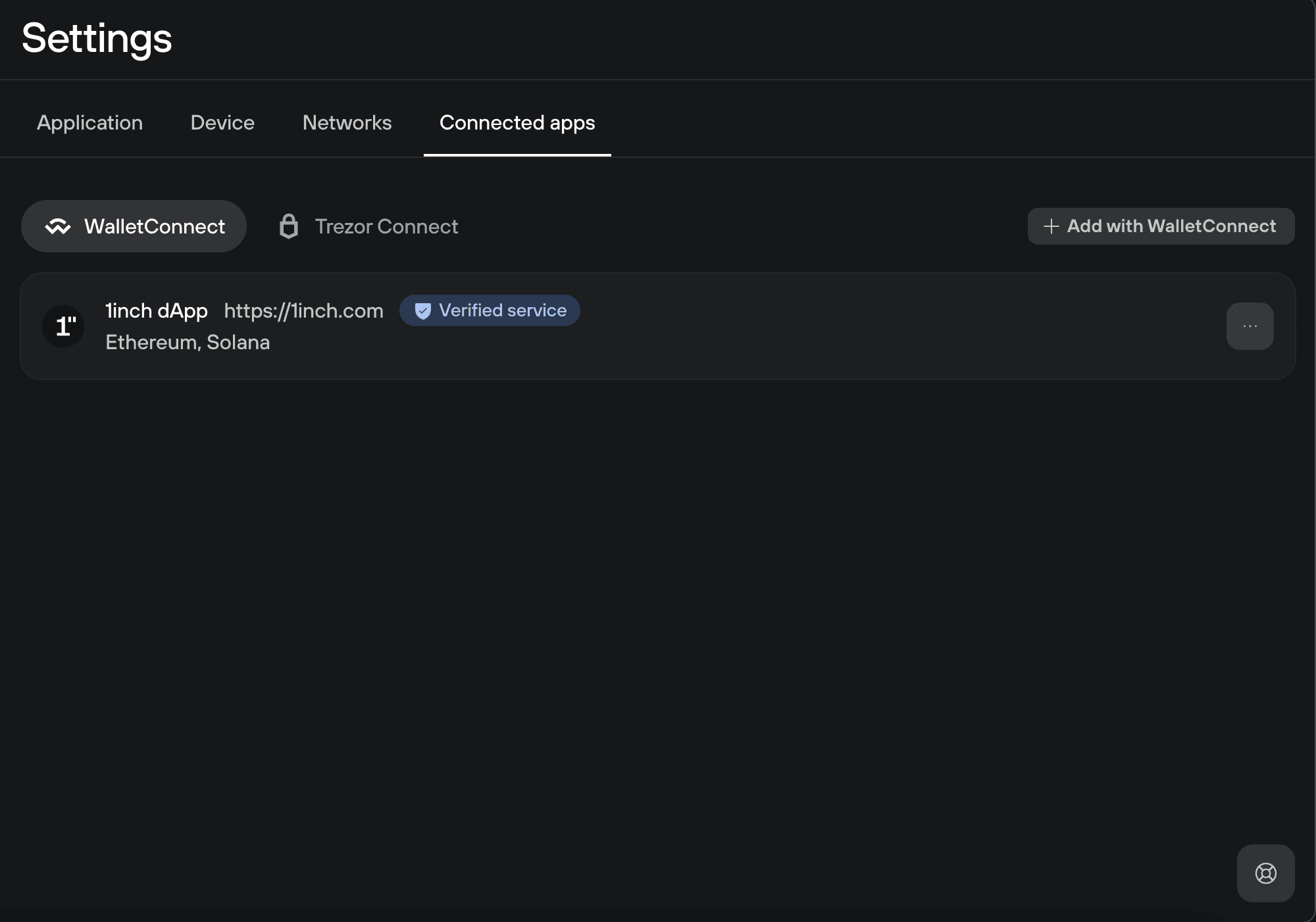 Trezor Suite connected apps settings showing a verified 1inch dApp connection through WalletConnect