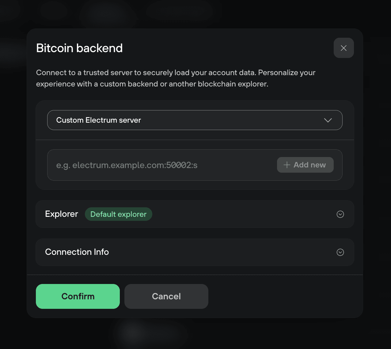 Bitcoin backend dialog set to a custom Electrum server, with an empty server address field and Confirm button