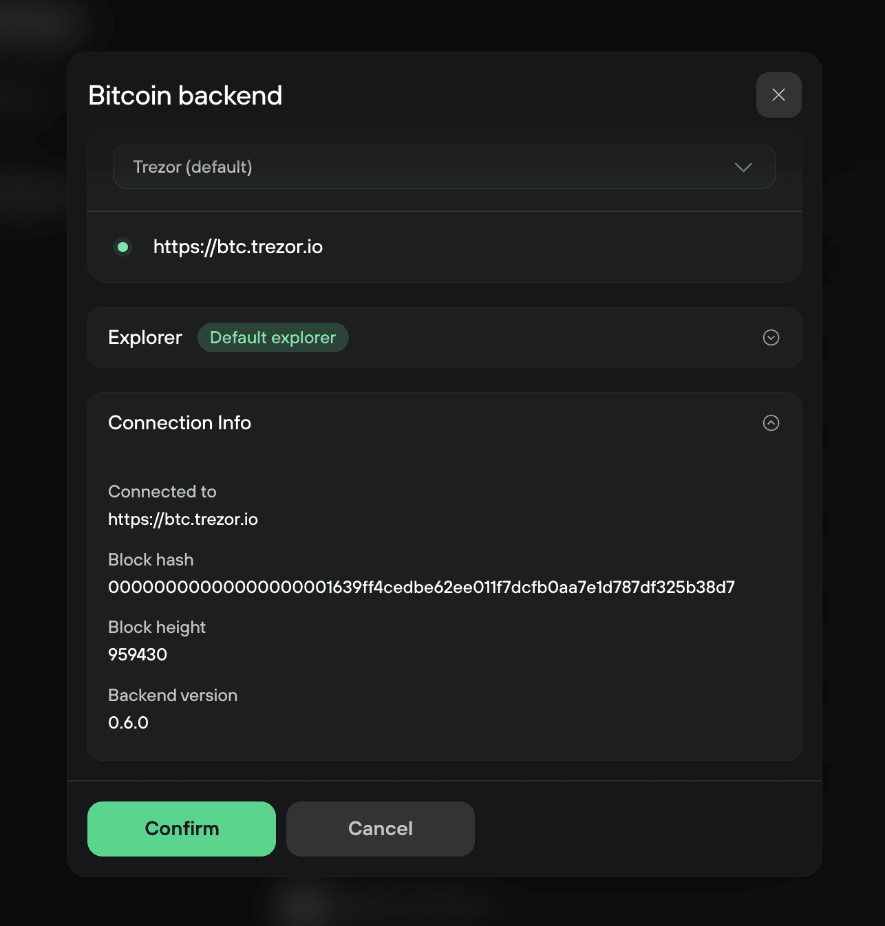 Bitcoin backend shows Trezor default connected to btc.trezor.io with block height and backend version details
