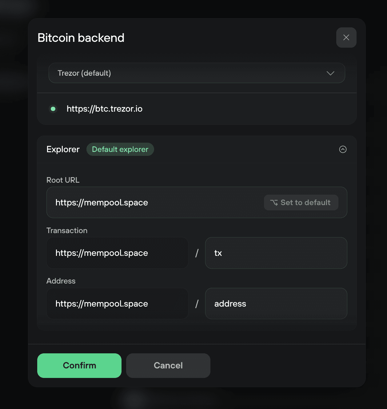 Bitcoin backend settings show Trezor default server and mempool.space explorer URLs for transactions and addresses