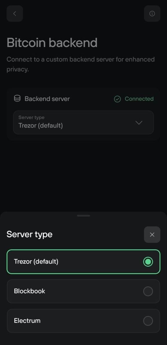 Bitcoin backend screen with Trezor selected and Blockbook and Electrum available as server type options