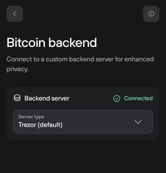 Bitcoin backend shows the Trezor default server connected, with a menu to choose another server type