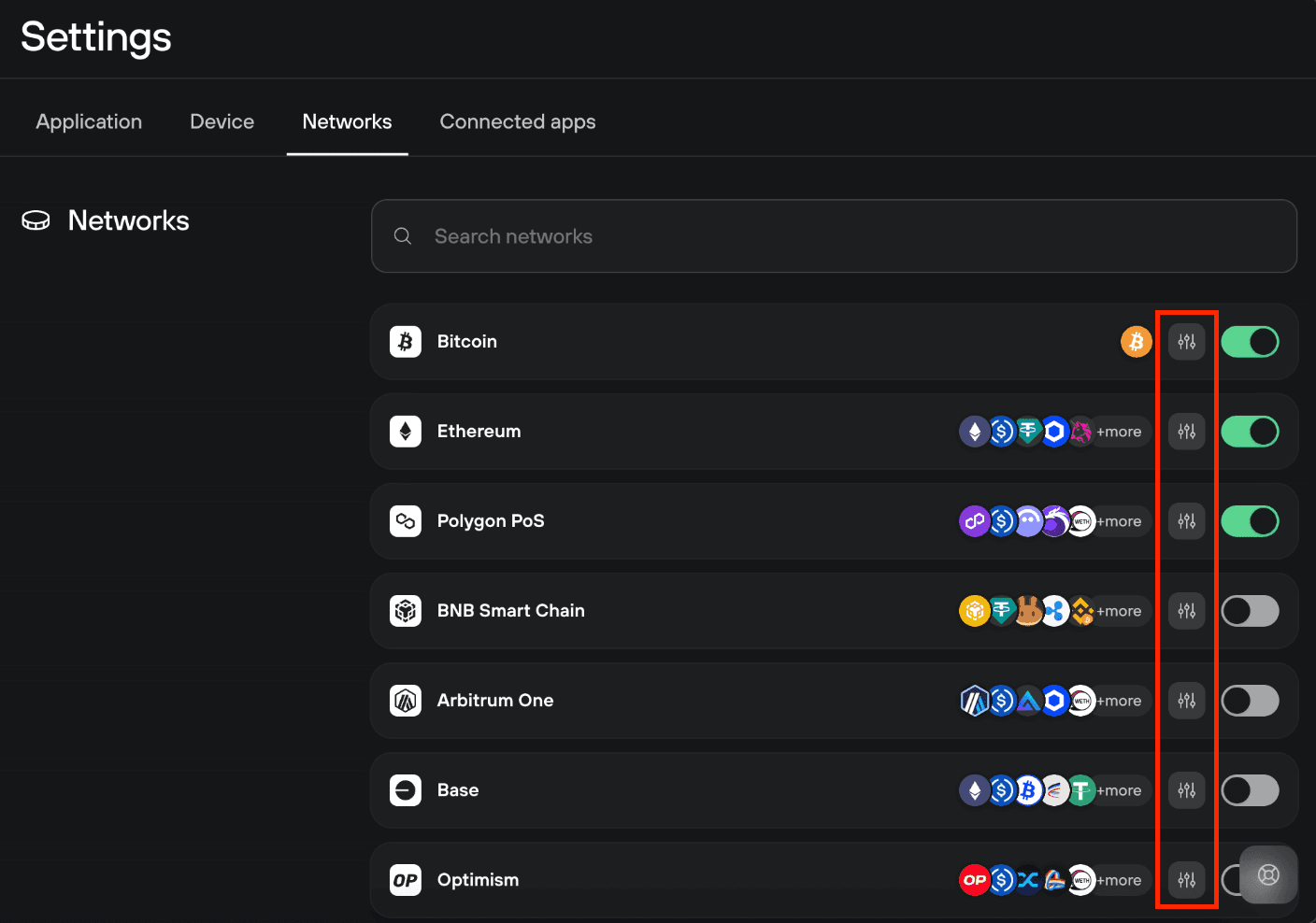 Trezor Suite Networks settings tab listing Bitcoin, Ethereum, and more, each with a settings icon and enable toggle.