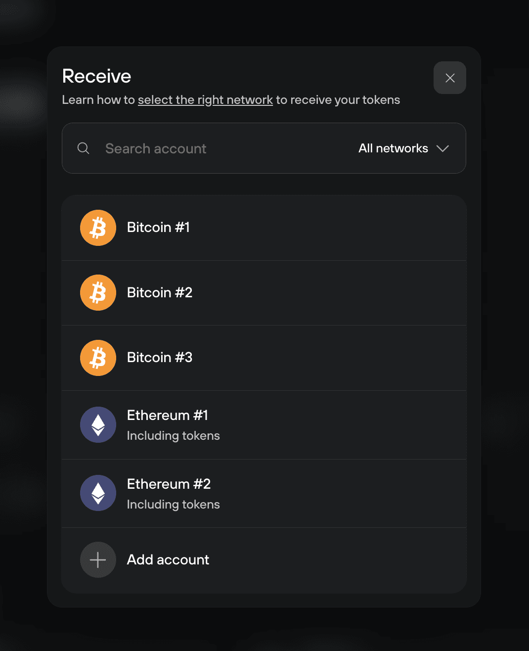 Trezor Suite Receive dialog listing Bitcoin and Ethereum accounts with search, network filter, and Add account option