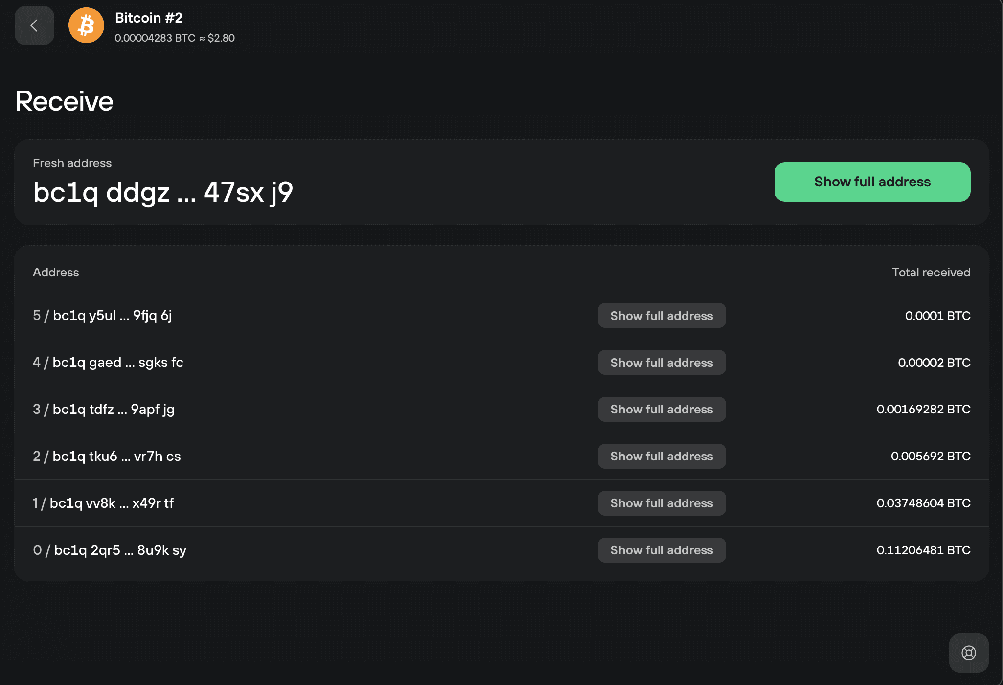 Trezor Suite Receive page for Bitcoin #2 showing a new address and used addresses with received amounts