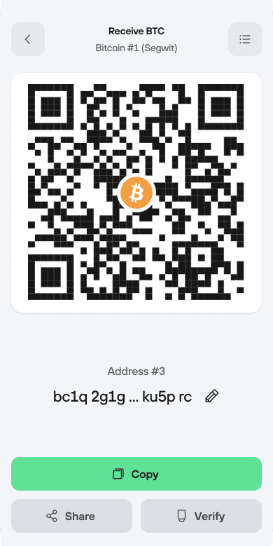 Trezor Suite mobile Receive BTC screen showing a Bitcoin QR code, address #3, and Copy, Share, and Verify buttons.