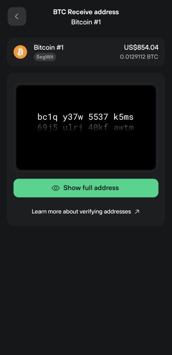 Trezor Suite mobile BTC Receive address screen for Bitcoin #1 with a hidden address and Show full address button