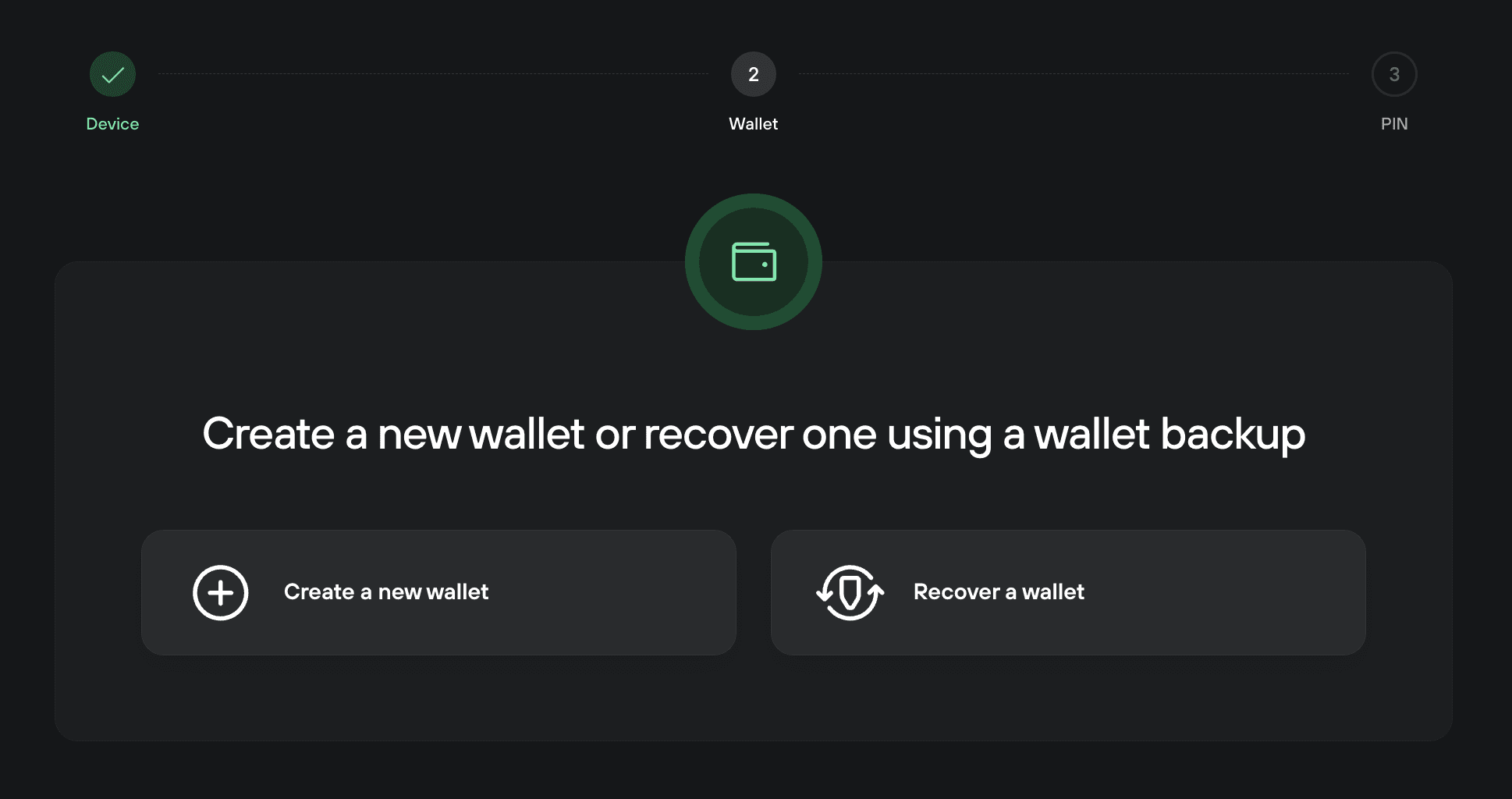 Wallet setup offers options to create a new wallet or recover one