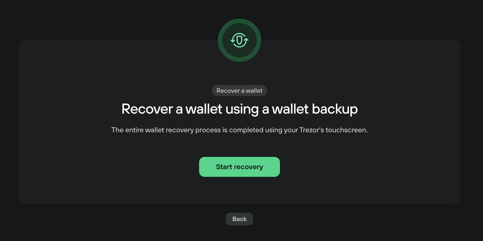 Wallet recovery screen with Start recovery and Back buttons