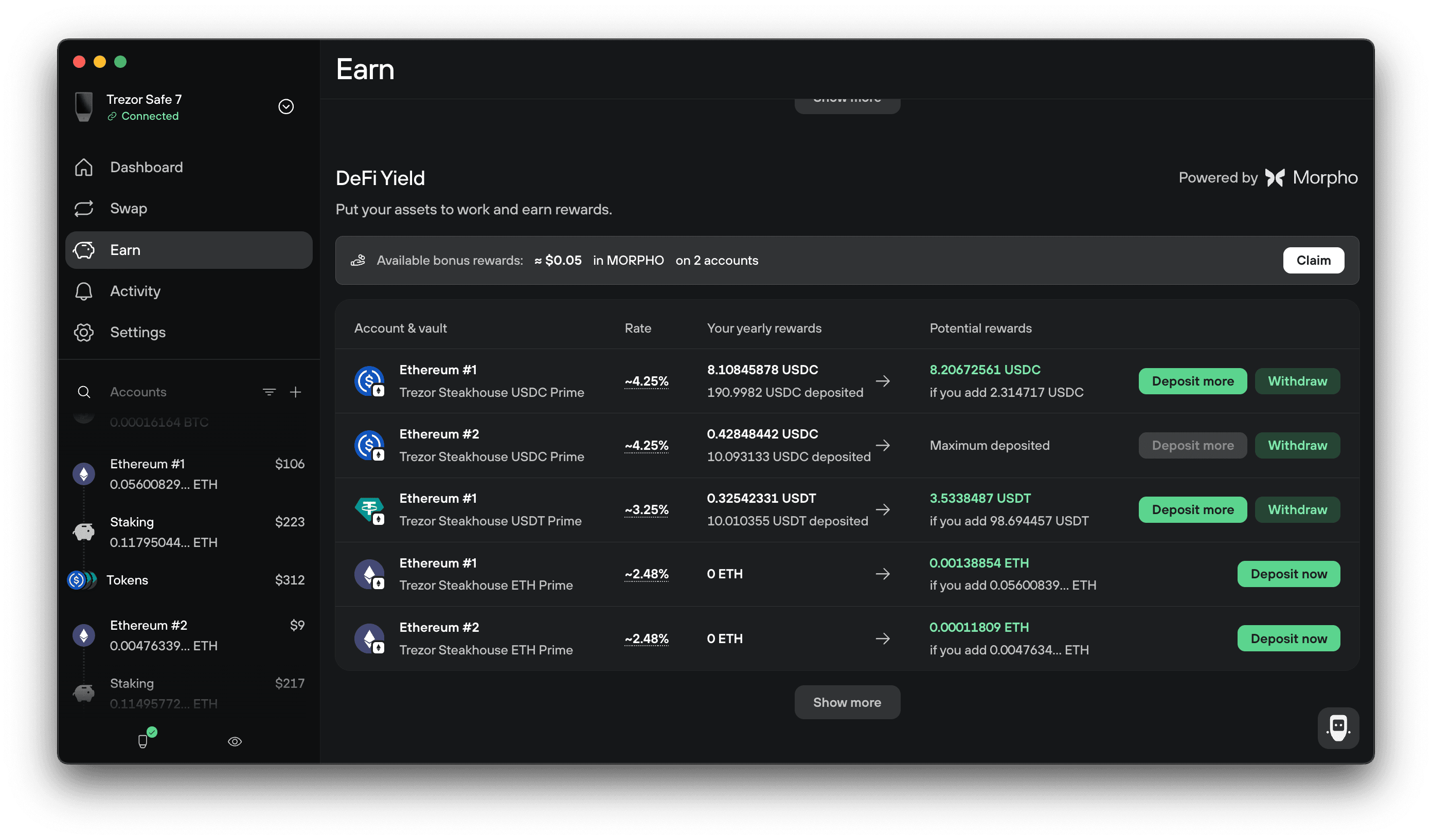 Trezor Suite Earn page lists DeFi Yield vaults, rates, rewards, and deposit or withdraw actions.