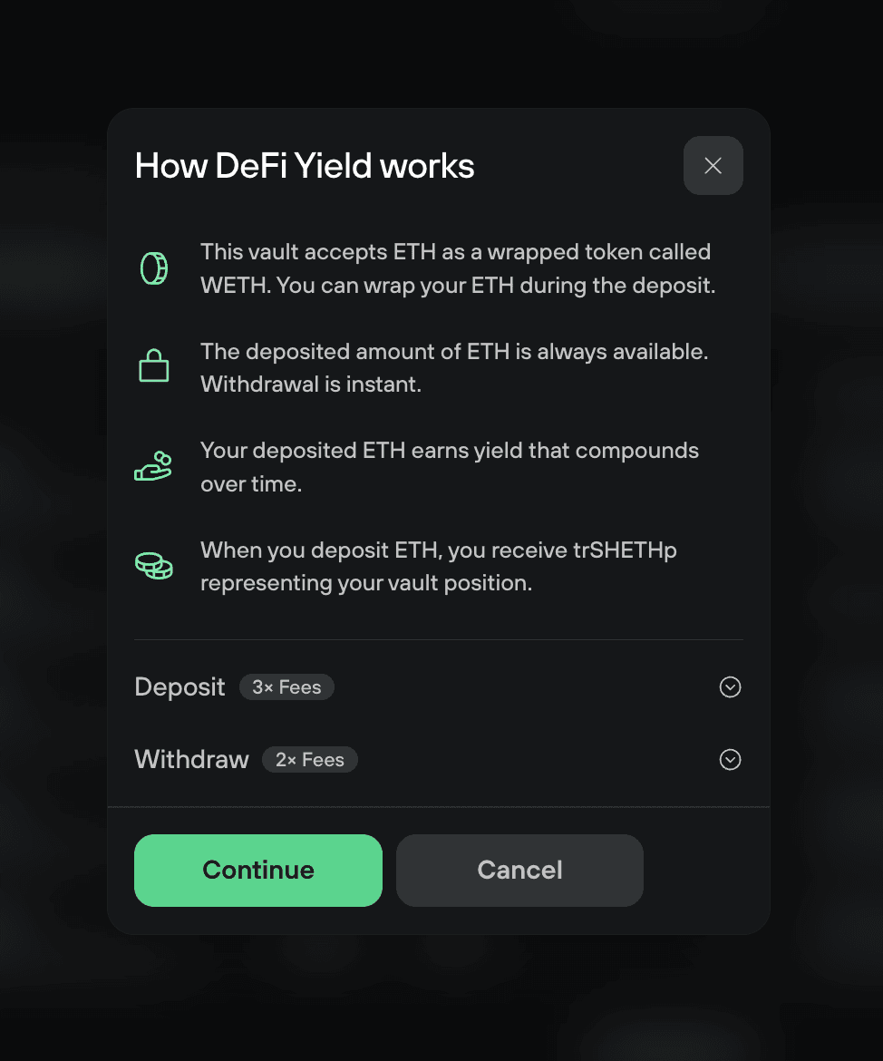 DeFi Yield explainer says ETH is wrapped to WETH, stays withdrawable, earns yield, and receives a vault token.