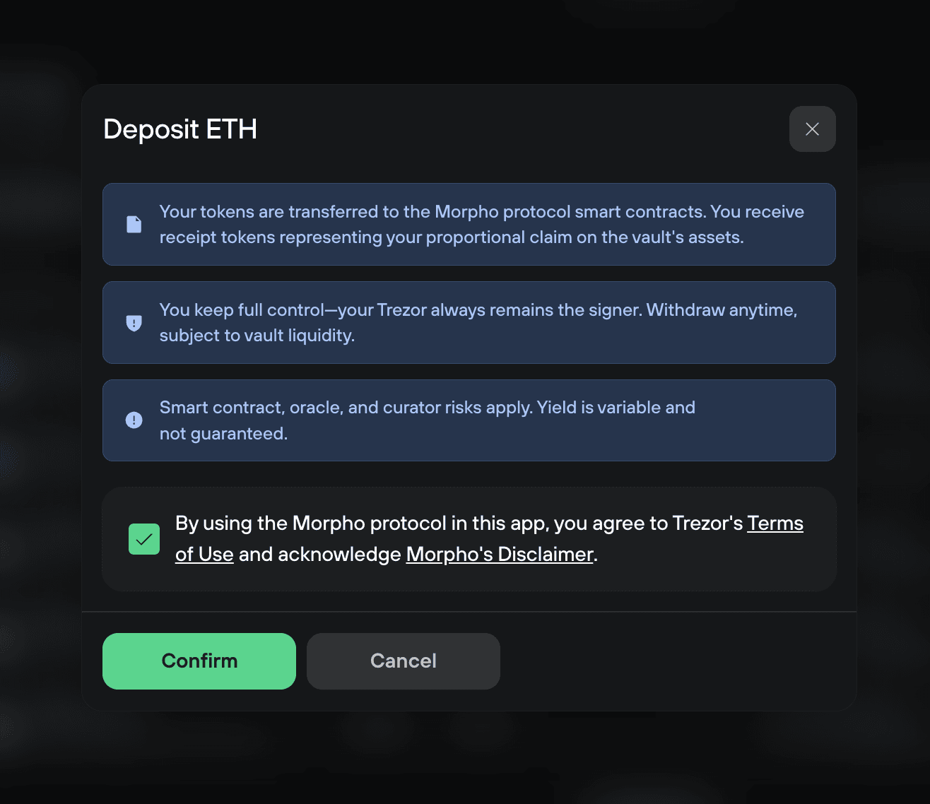Deposit ETH dialog outlines Morpho transfer, withdrawal and smart contract risks, with terms accepted.