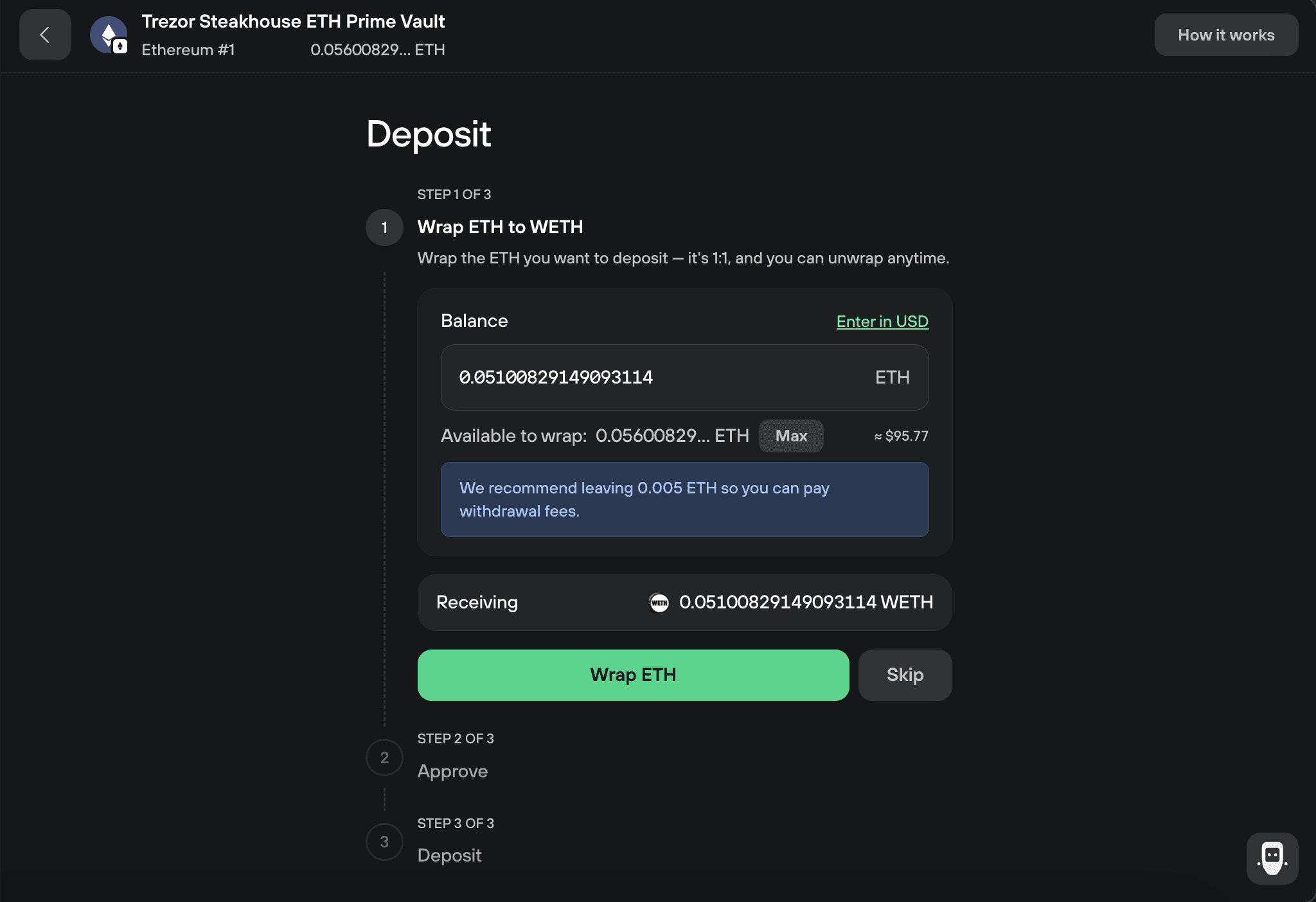 ETH Prime Vault deposit flow shows step 1 of 3, wrapping 0.05100829 ETH to WETH before approval and deposit.