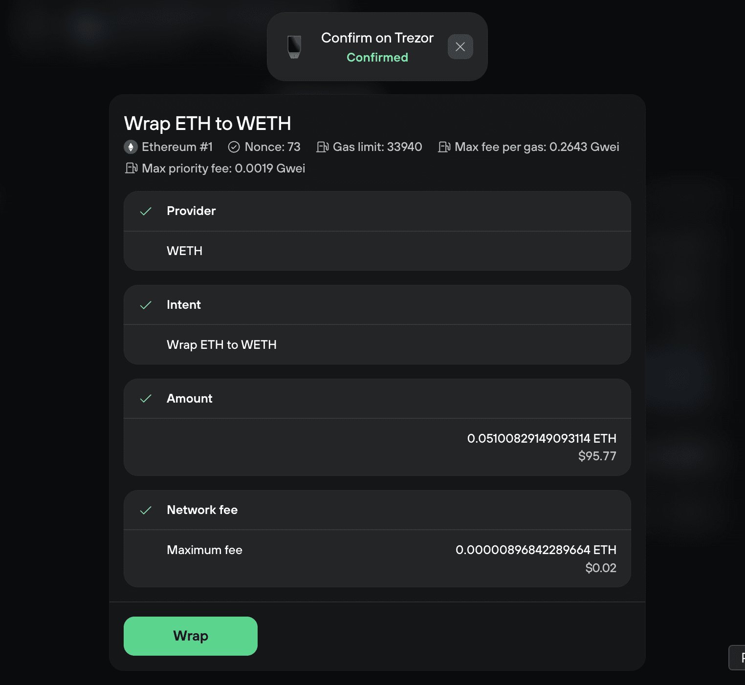 Trezor confirmation reviews wrapping 0.05100829 ETH to WETH with a maximum network fee of about $0.02.