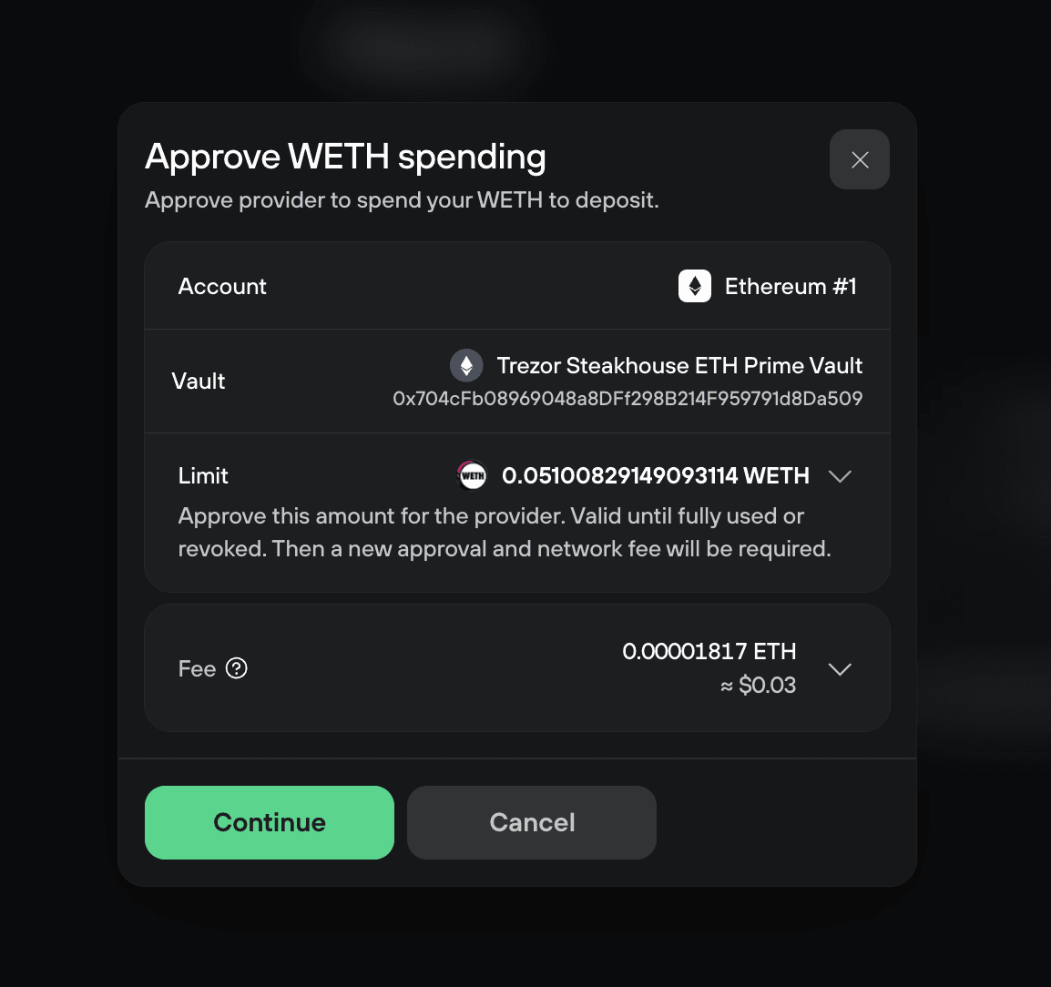 WETH spending approval sets a 0.05100829 WETH limit for the ETH Prime Vault and shows an estimated $0.03 fee.