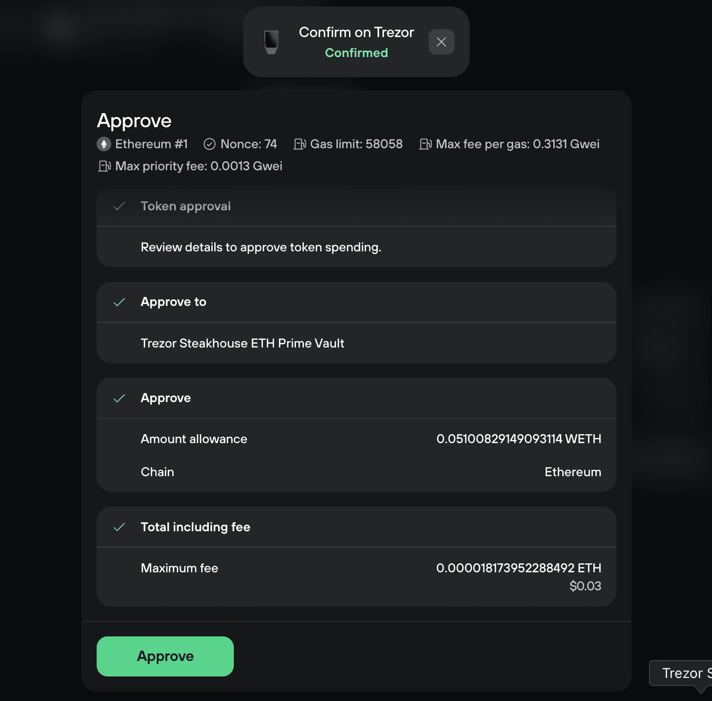 Trezor confirmation reviews approval for the ETH Prime Vault to spend 0.05100829 WETH, with a $0.03 maximum fee.