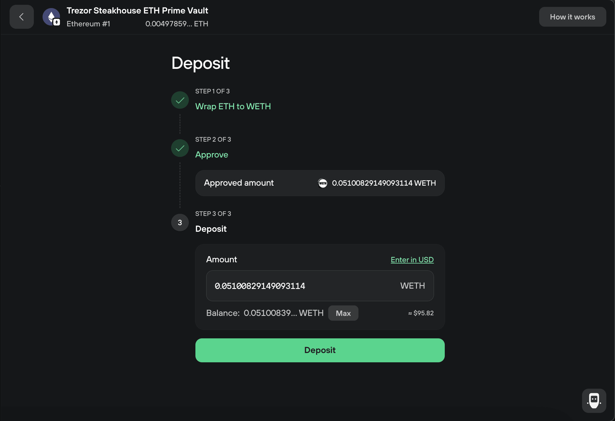 ETH Prime Vault deposit flow shows wrapping and approval complete, with 0.05100829 WETH ready to deposit.