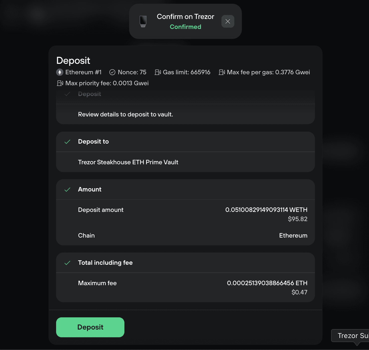 Trezor confirmation reviews depositing 0.05100829 WETH to the ETH Prime Vault with a maximum fee of about $0.47.
