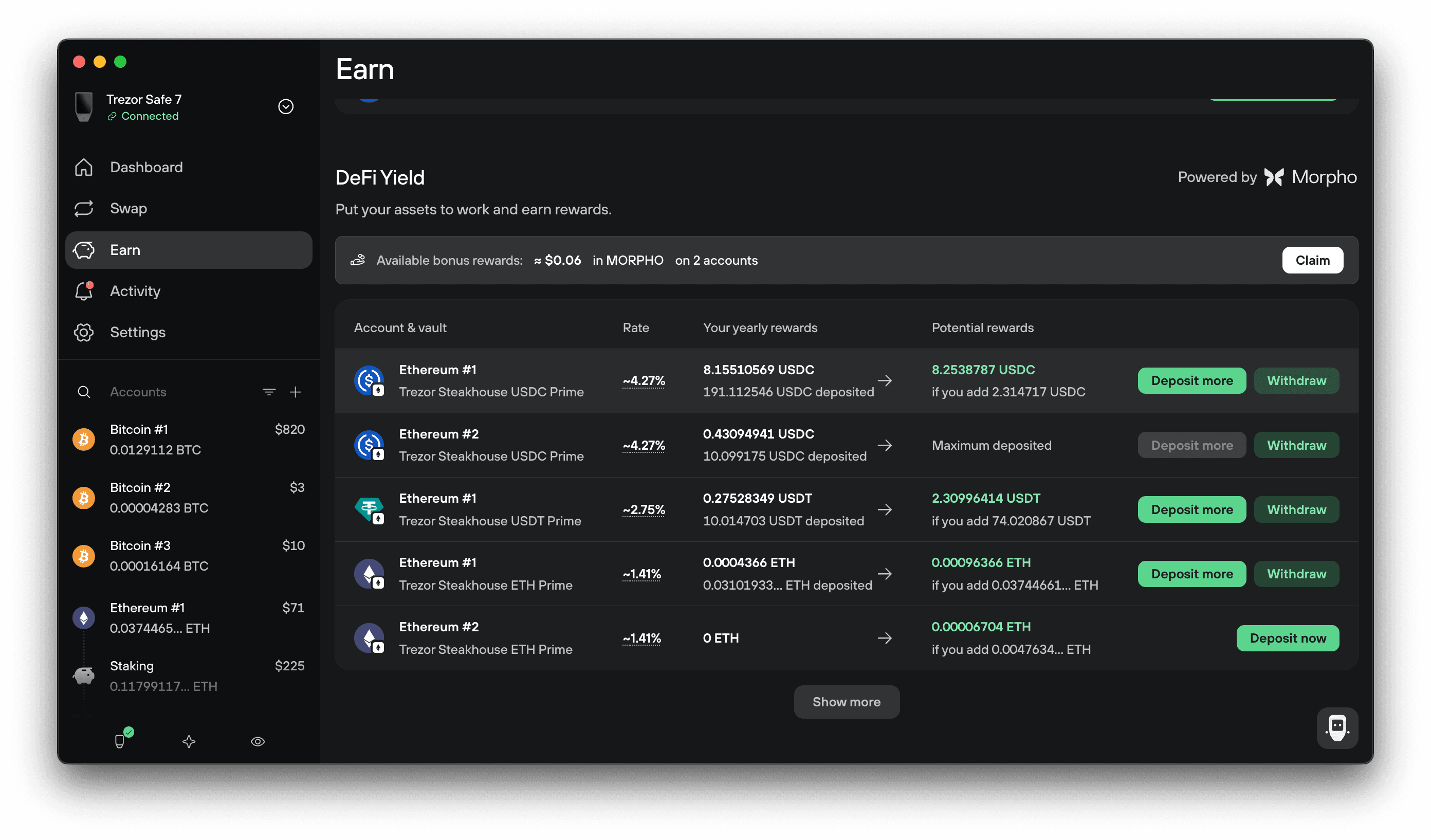 Trezor Suite Earn page lists DeFi Yield vault positions with rates, rewards, and deposit or withdraw actions.
