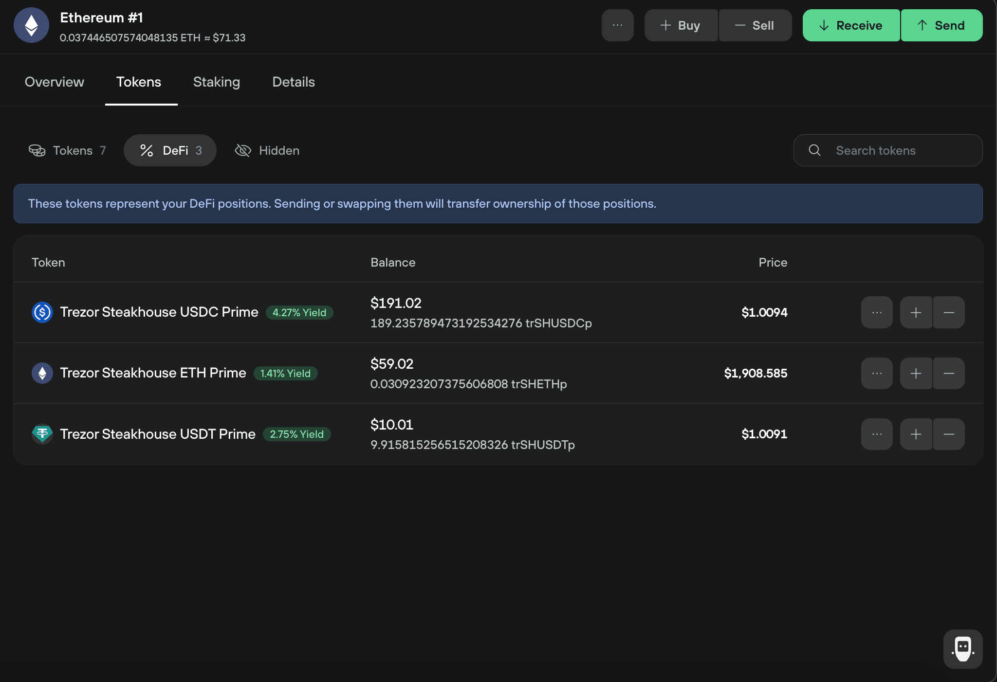 Ethereum account DeFi tab lists three Trezor Steakhouse vault tokens with balances, prices, and yield rates.