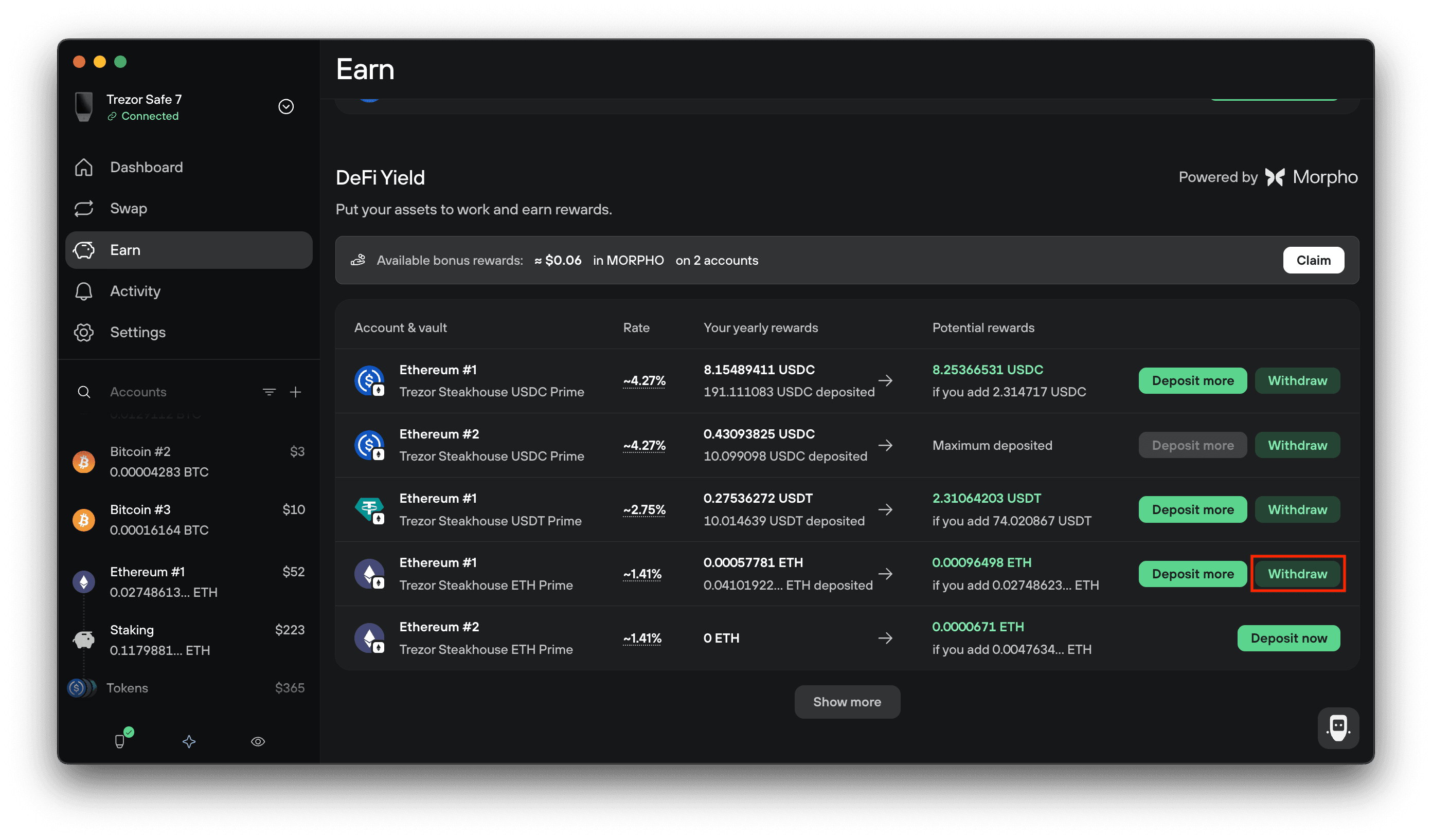 Withdraw button for the Ethereum #1 ETH Prime vault is outlined in red on the DeFi Yield table.