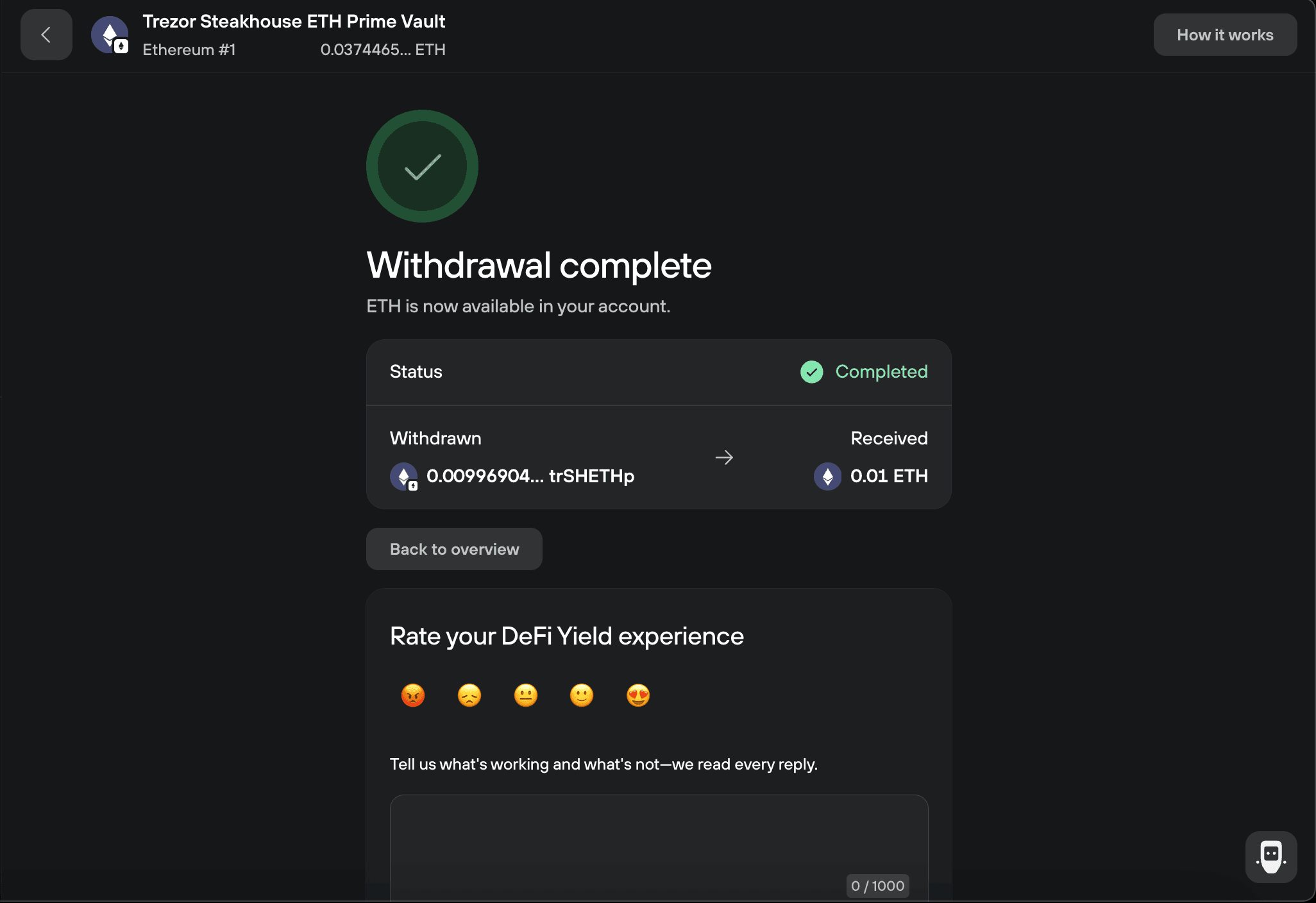 Withdrawal complete shows 0.00996904 trSHETHp withdrawn and 0.01 ETH received.