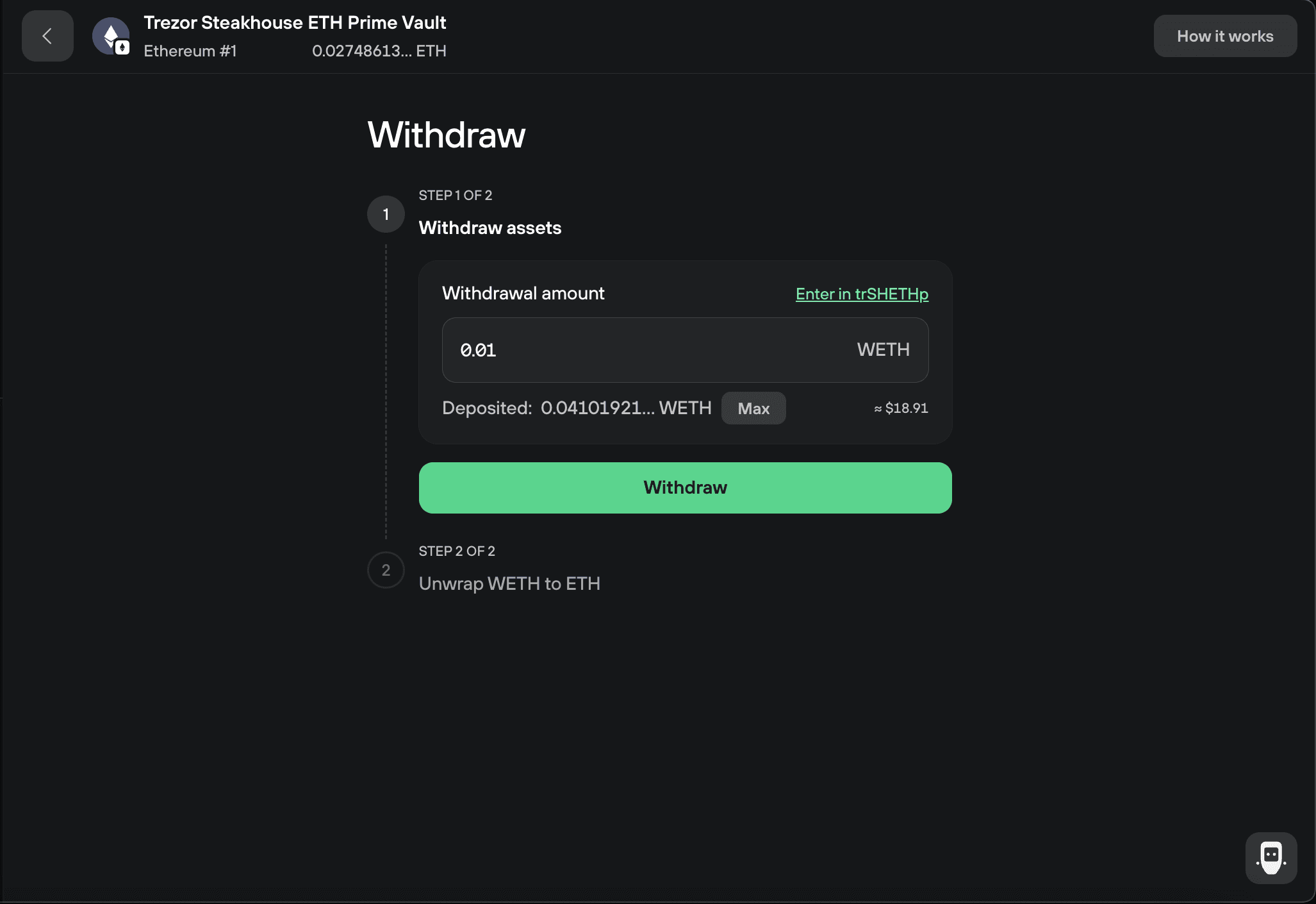 ETH Prime Vault withdrawal flow shows 0.01 WETH entered in step 1, followed by unwrapping WETH to ETH.