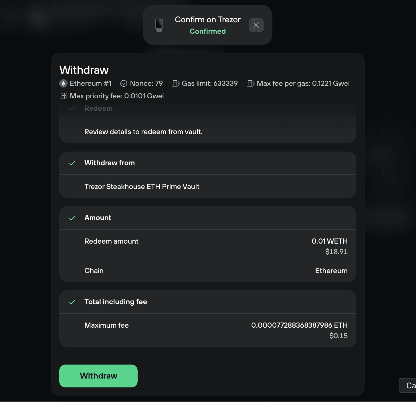 Trezor confirmation reviews redeeming 0.01 WETH from the ETH Prime Vault with a maximum fee of about $0.15.