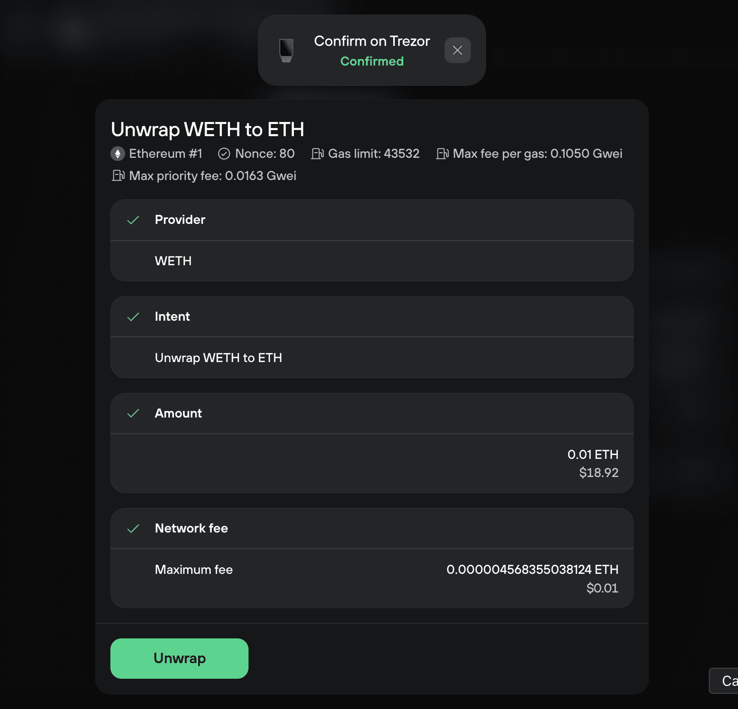 Trezor confirmation reviews unwrapping WETH to 0.01 ETH with a maximum network fee of about $0.01.