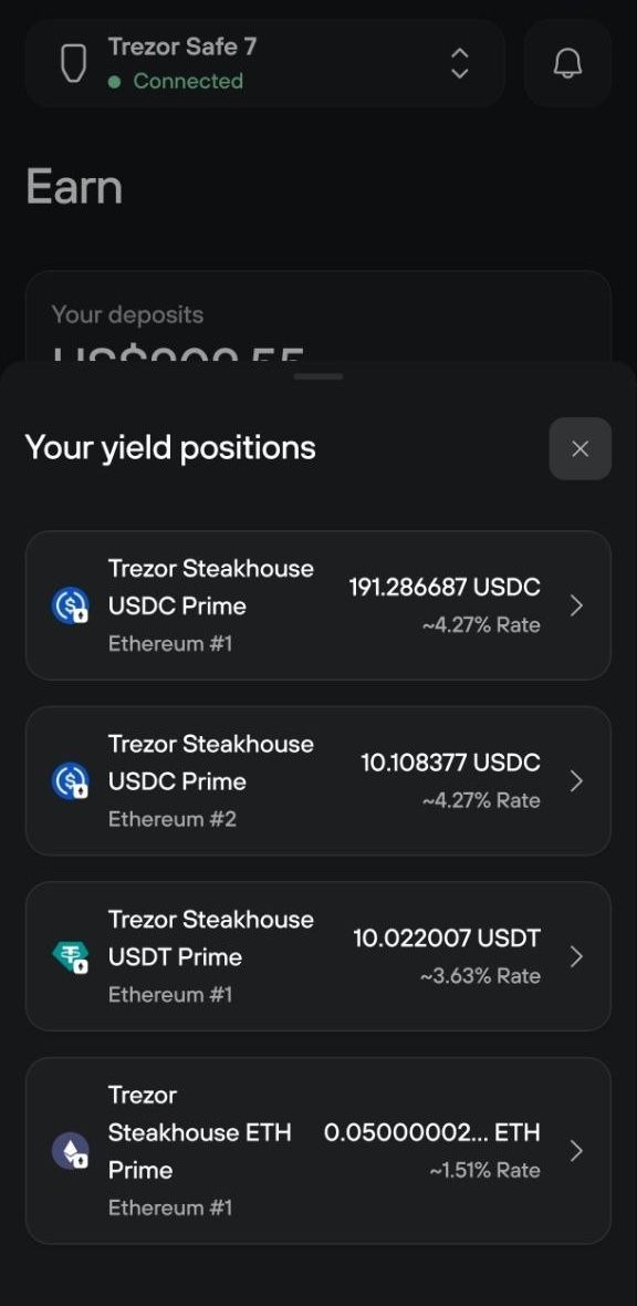 Yield positions list shows USDC, USDT, and ETH Prime deposits across Ethereum accounts with current rates.