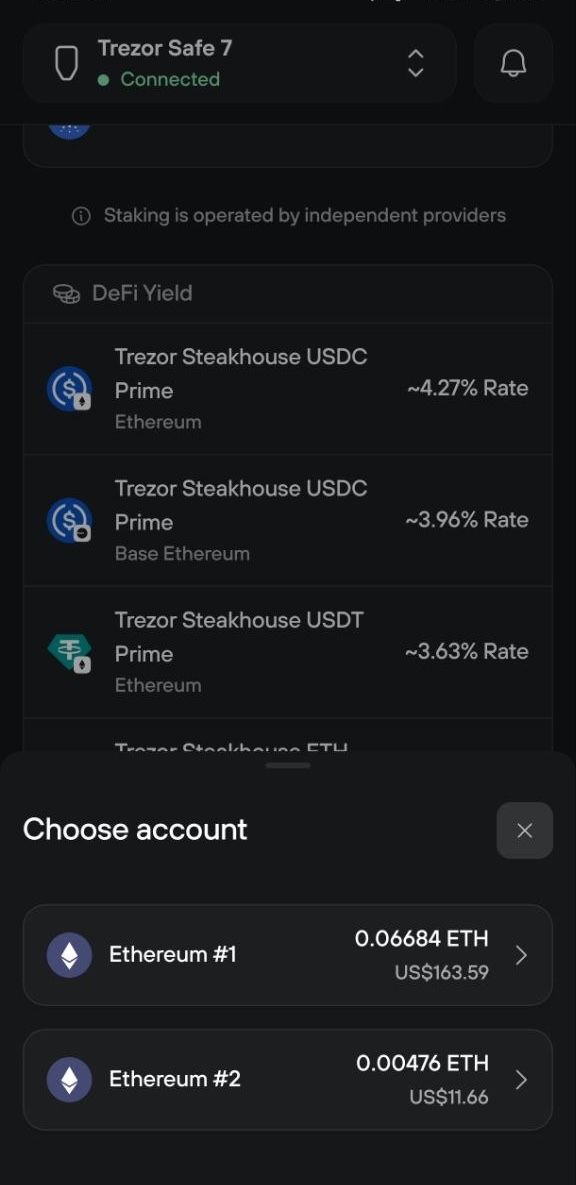 Choose account panel offers Ethereum #1 with 0.06684 ETH or Ethereum #2 with 0.00476 ETH.