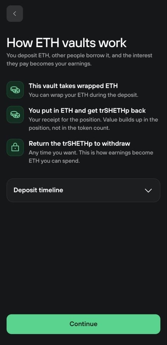 ETH vault overview explains wrapped ETH, receiving trSHETHp, and returning the token to withdraw.